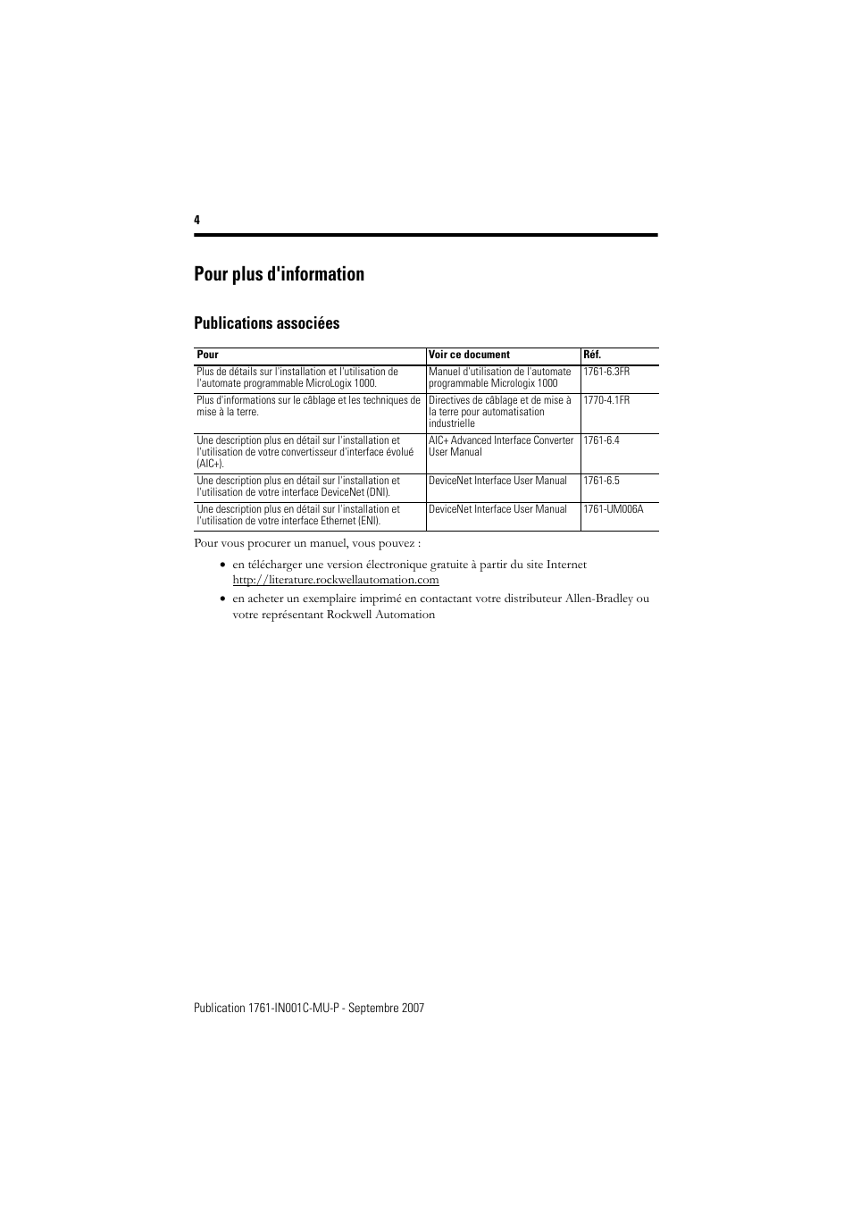 Publications associées, Pour plus d'information | Rockwell Automation 1761-L10_16_20_32xxx MicroLogix 1000 Programmable Controllers User Manual | Page 4 / 134