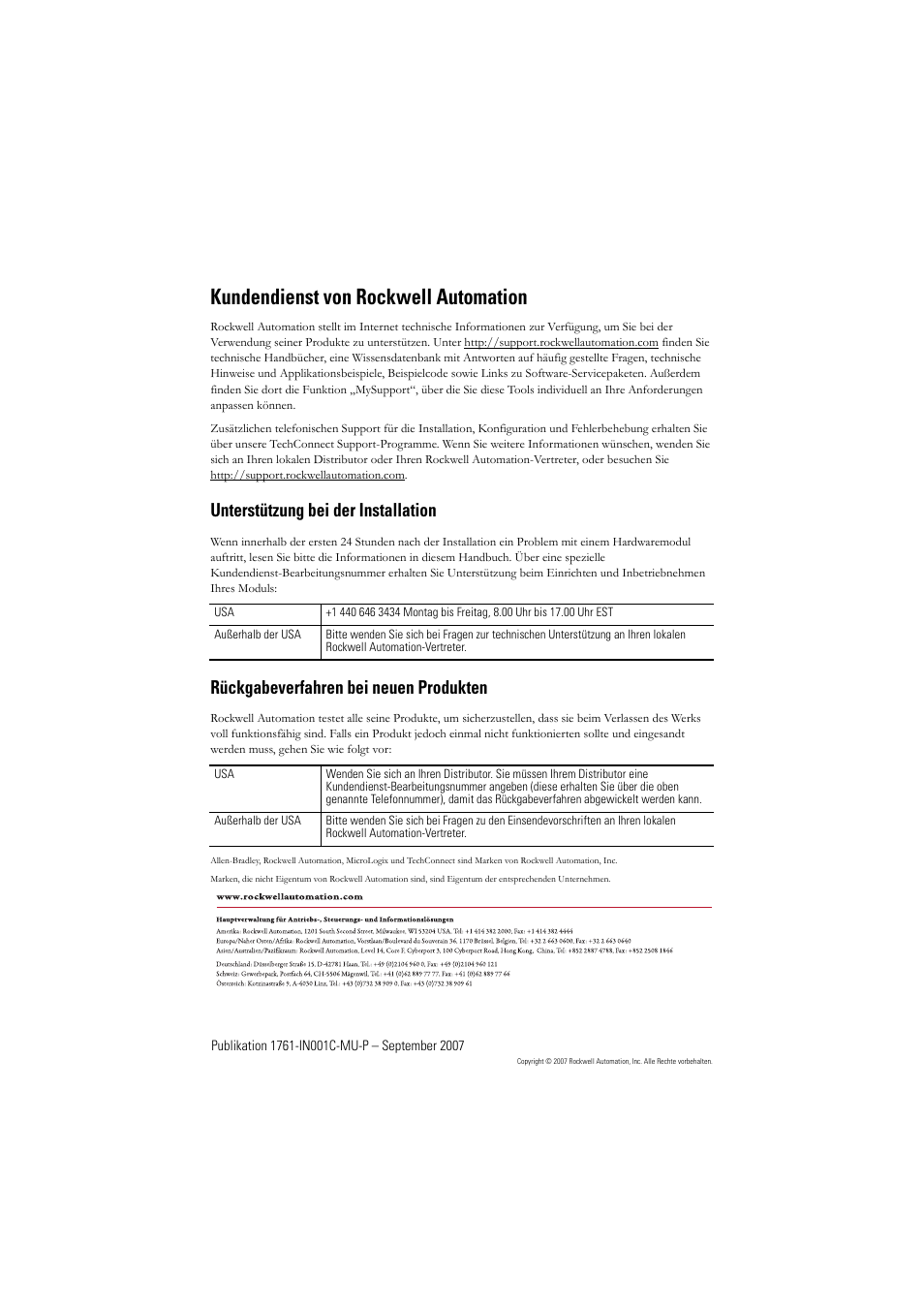 Unterstützung bei der installation, Rückgabeverfahren bei neuen produkten, Kundendienst von rockwell automation | Rockwell Automation 1761-L10_16_20_32xxx MicroLogix 1000 Programmable Controllers User Manual | Page 45 / 134