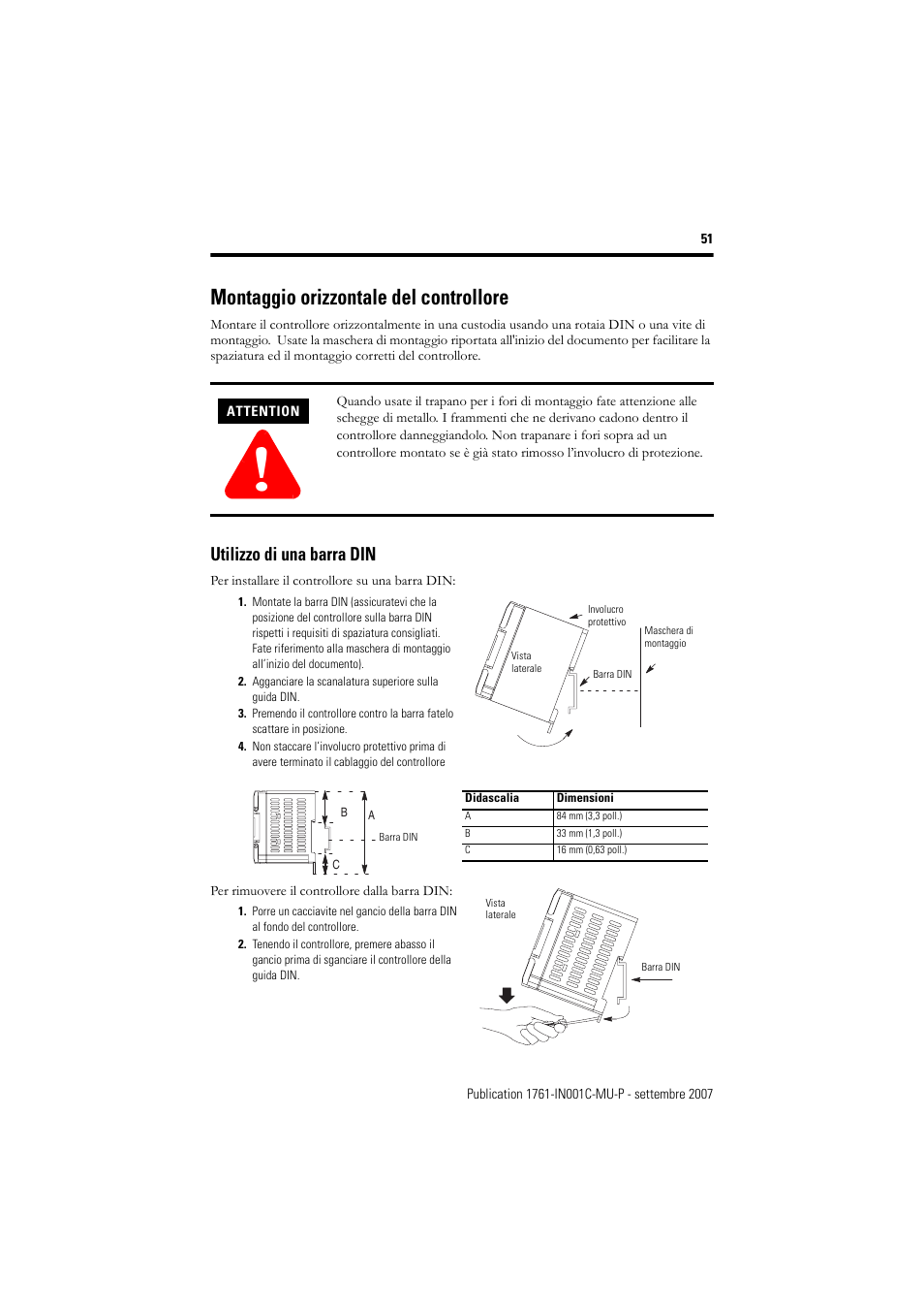 Montaggio orizzontale del controllore, Utilizzo di una barra din | Rockwell Automation 1761-L10_16_20_32xxx MicroLogix 1000 Programmable Controllers User Manual | Page 51 / 134