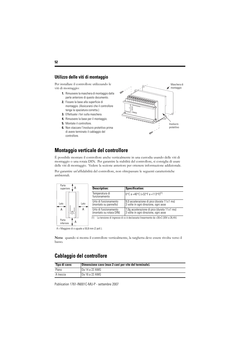 Utilizzo delle viti di montaggio, Montaggio verticale del controllore, Cablaggio del controllore | Rockwell Automation 1761-L10_16_20_32xxx MicroLogix 1000 Programmable Controllers User Manual | Page 52 / 134