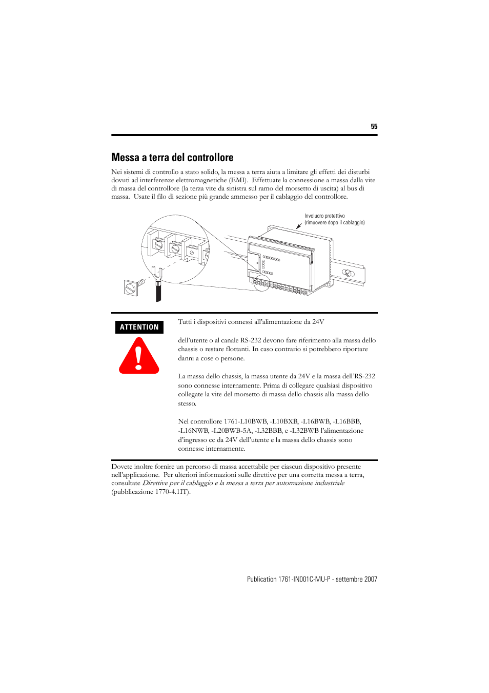 Messa a terra del controllore | Rockwell Automation 1761-L10_16_20_32xxx MicroLogix 1000 Programmable Controllers User Manual | Page 55 / 134