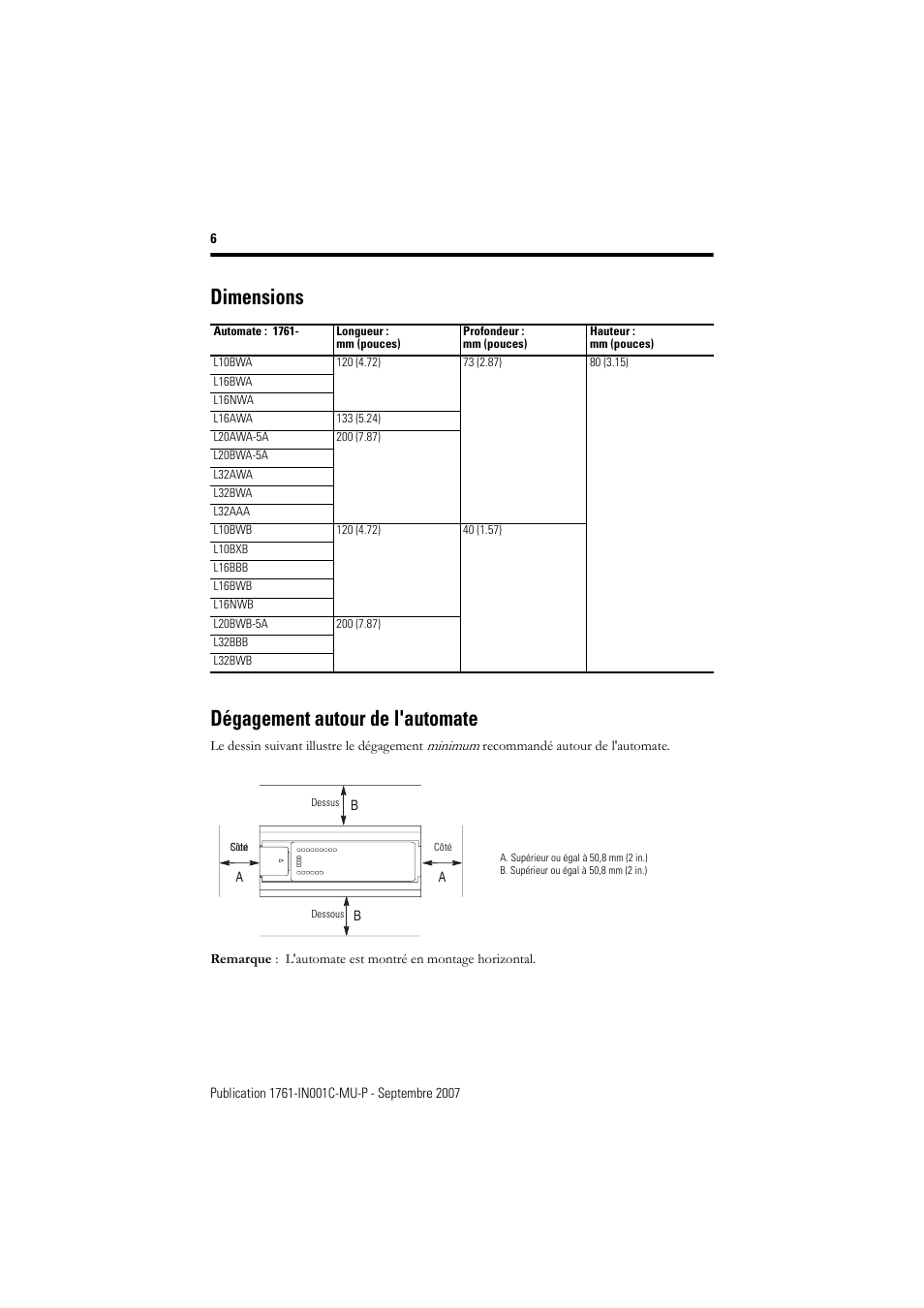 Dimensions, Dimensions dégagement autour de l'automate | Rockwell Automation 1761-L10_16_20_32xxx MicroLogix 1000 Programmable Controllers User Manual | Page 6 / 134