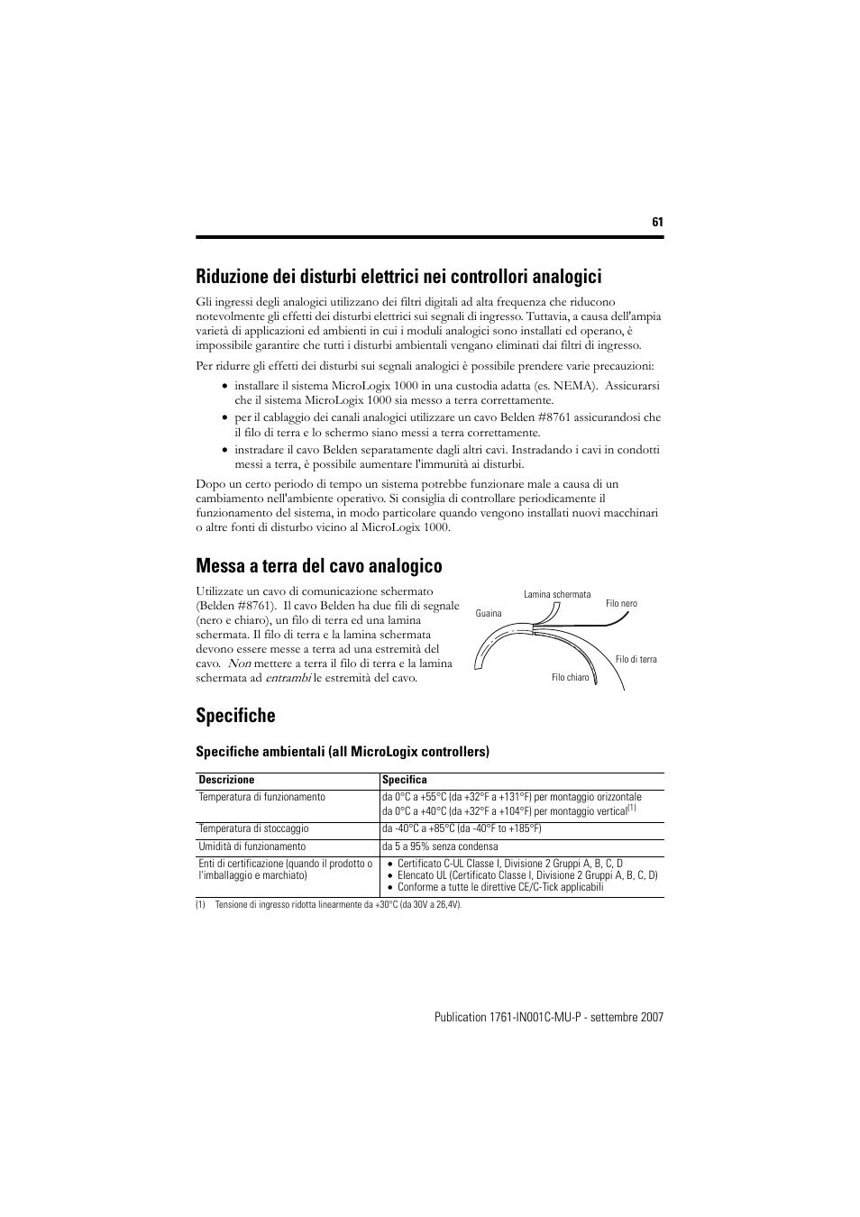 Messa a terra del cavo analogico, Specifiche | Rockwell Automation 1761-L10_16_20_32xxx MicroLogix 1000 Programmable Controllers User Manual | Page 61 / 134