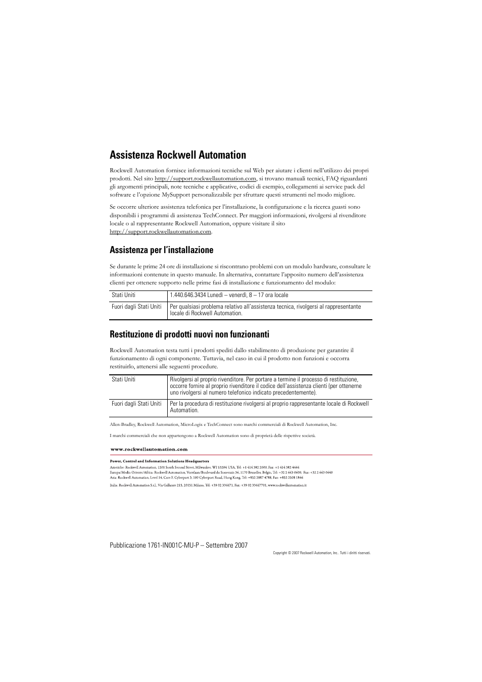 Assistenza per l’installazione, Restituzione di prodotti nuovi non funzionanti, Assistenza rockwell automation | Rockwell Automation 1761-L10_16_20_32xxx MicroLogix 1000 Programmable Controllers User Manual | Page 67 / 134