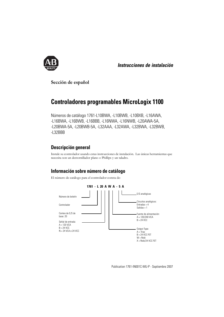 Sección de español, Controladores programables micrologix 1100, Instrucciones de instalación sección de español | Descripción general, Información sobre número de catálogo | Rockwell Automation 1761-L10_16_20_32xxx MicroLogix 1000 Programmable Controllers User Manual | Page 69 / 134