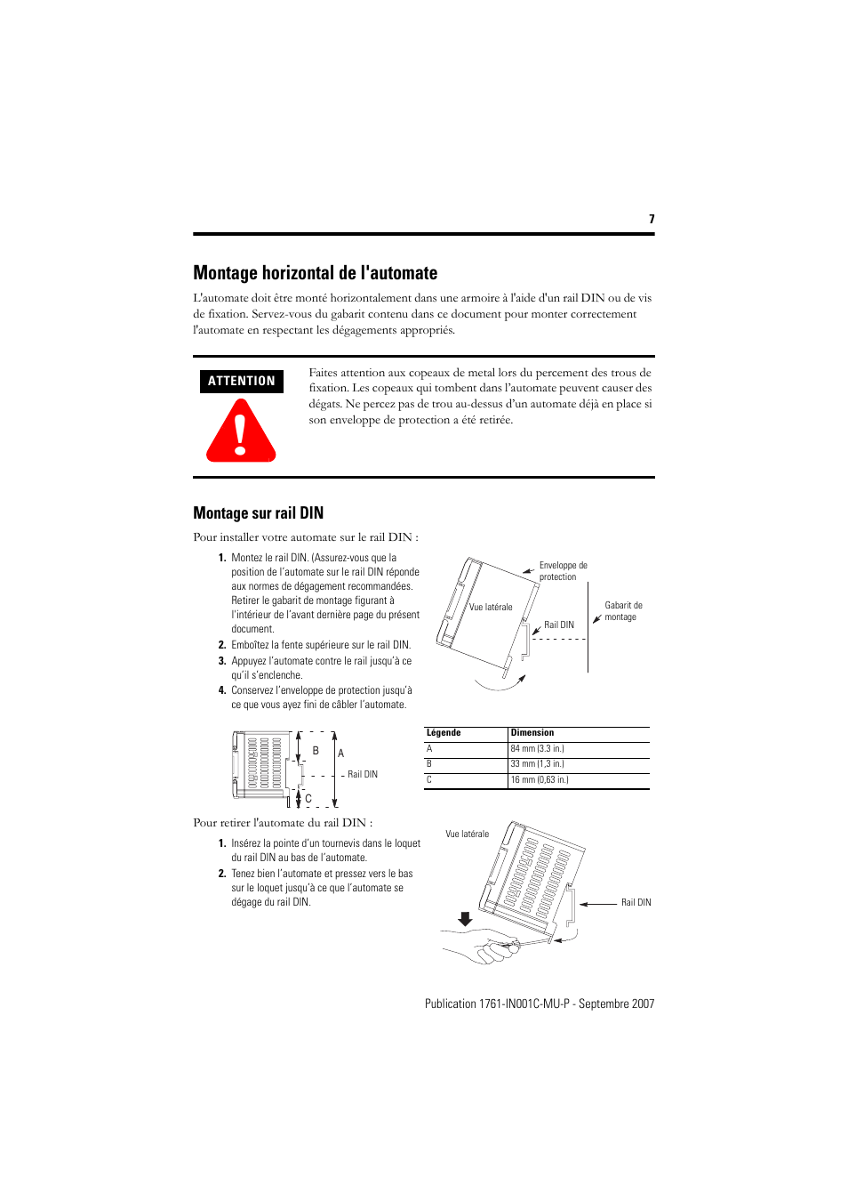 Montage sur rail din, Montage horizontal de l'automate | Rockwell Automation 1761-L10_16_20_32xxx MicroLogix 1000 Programmable Controllers User Manual | Page 7 / 134