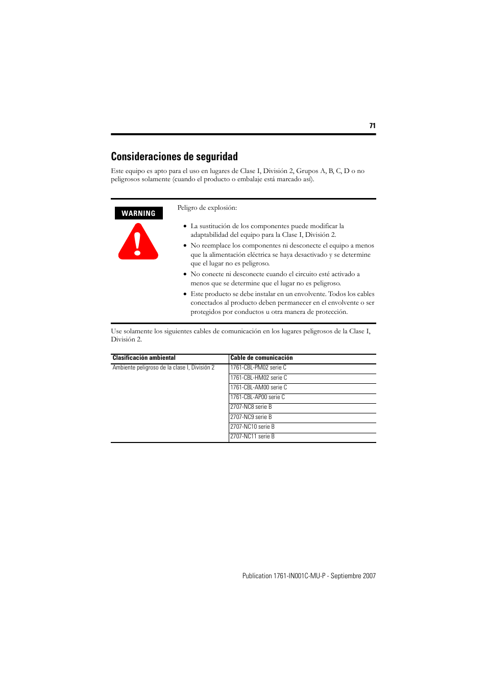 Consideraciones de seguridad | Rockwell Automation 1761-L10_16_20_32xxx MicroLogix 1000 Programmable Controllers User Manual | Page 71 / 134