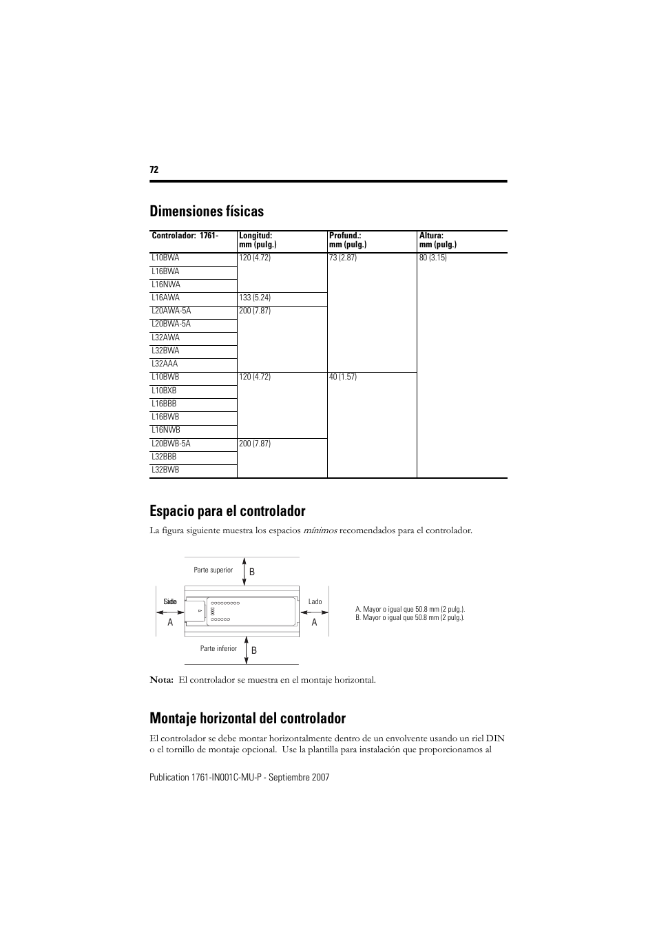 Dimensiones físicas espacio para el controlador, Montaje horizontal del controlador | Rockwell Automation 1761-L10_16_20_32xxx MicroLogix 1000 Programmable Controllers User Manual | Page 72 / 134