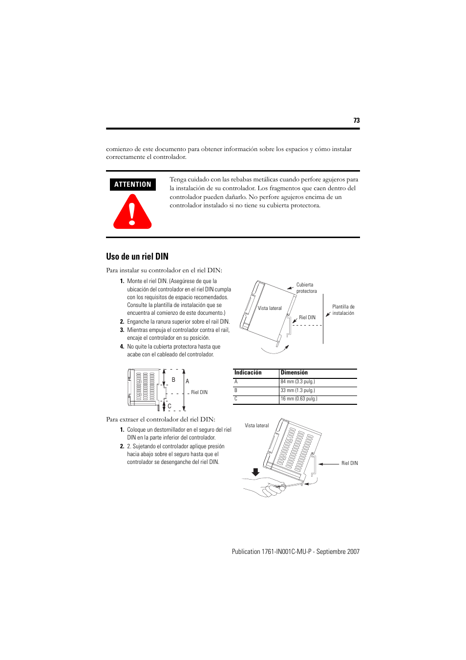 Uso de un riel din | Rockwell Automation 1761-L10_16_20_32xxx MicroLogix 1000 Programmable Controllers User Manual | Page 73 / 134