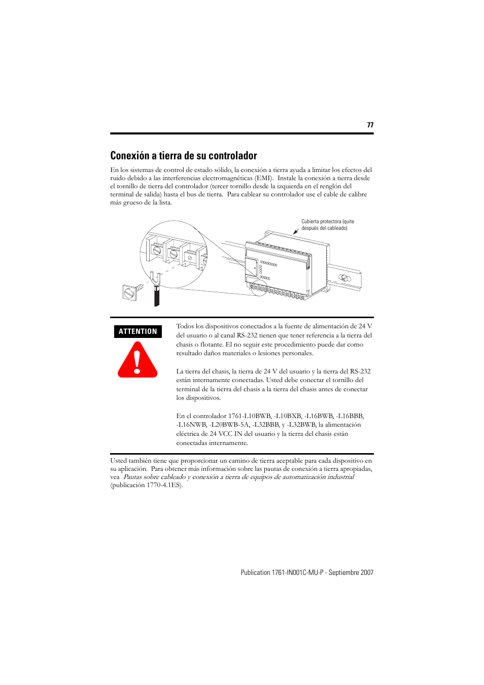 Conexión a tierra de su controlador | Rockwell Automation 1761-L10_16_20_32xxx MicroLogix 1000 Programmable Controllers User Manual | Page 77 / 134