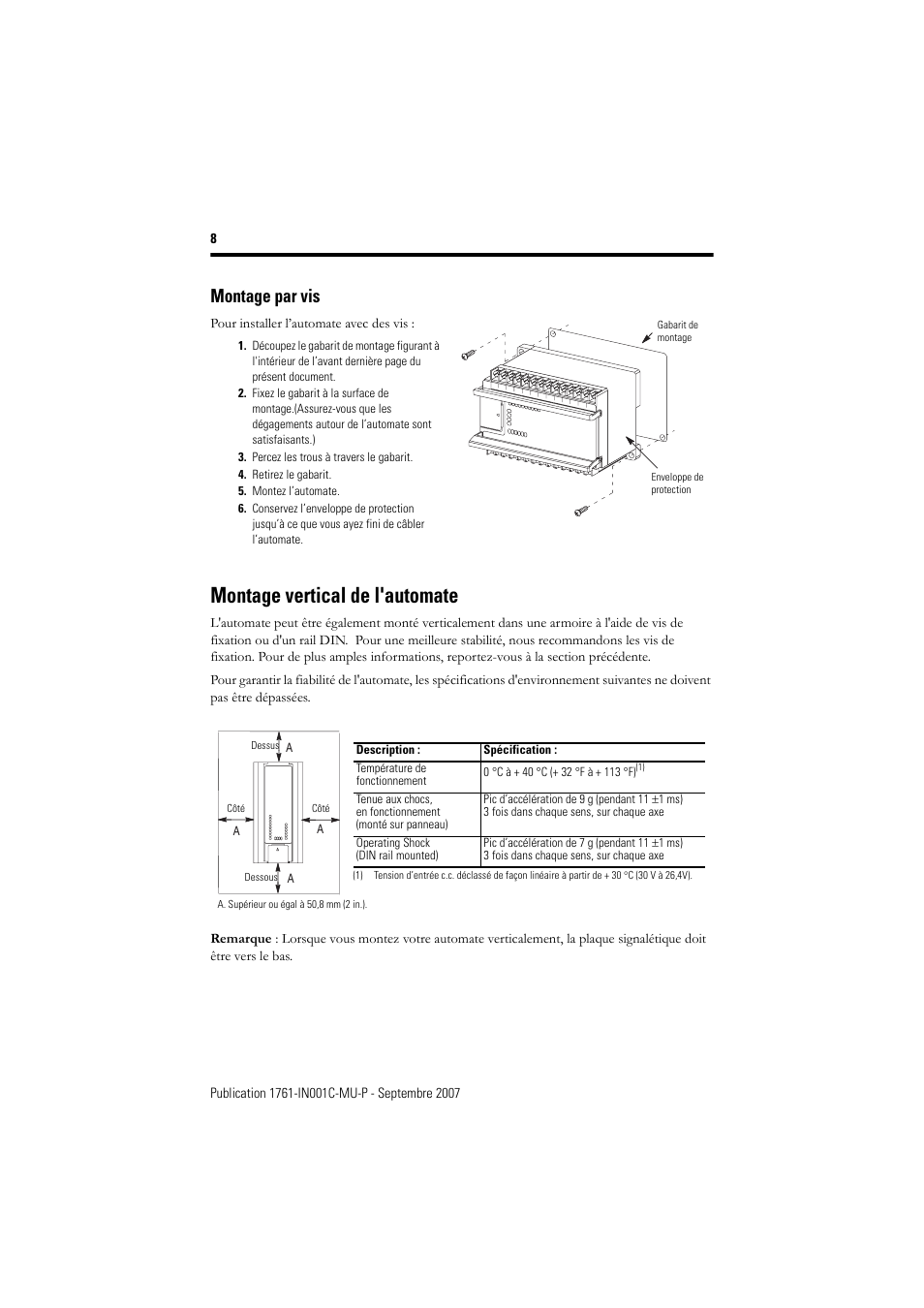 Montage par vis, Montage vertical de l'automate | Rockwell Automation 1761-L10_16_20_32xxx MicroLogix 1000 Programmable Controllers User Manual | Page 8 / 134