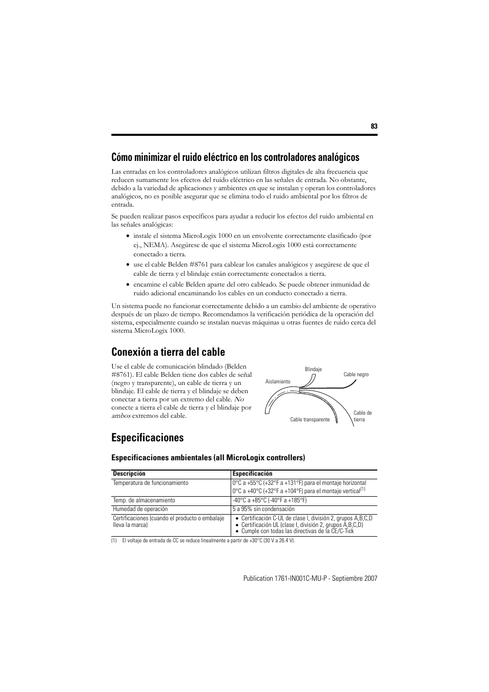 Conexión a tierra del cable, Especificaciones | Rockwell Automation 1761-L10_16_20_32xxx MicroLogix 1000 Programmable Controllers User Manual | Page 83 / 134