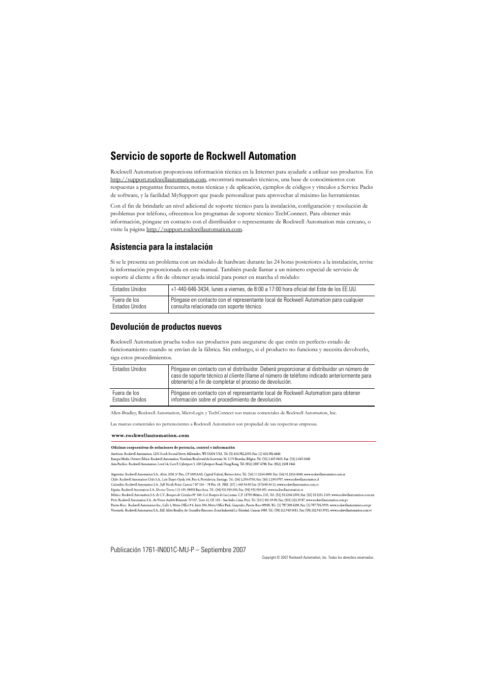 Asistencia para la instalación, Devolución de productos nuevos, Servicio de soporte de rockwell automation | Rockwell Automation 1761-L10_16_20_32xxx MicroLogix 1000 Programmable Controllers User Manual | Page 89 / 134