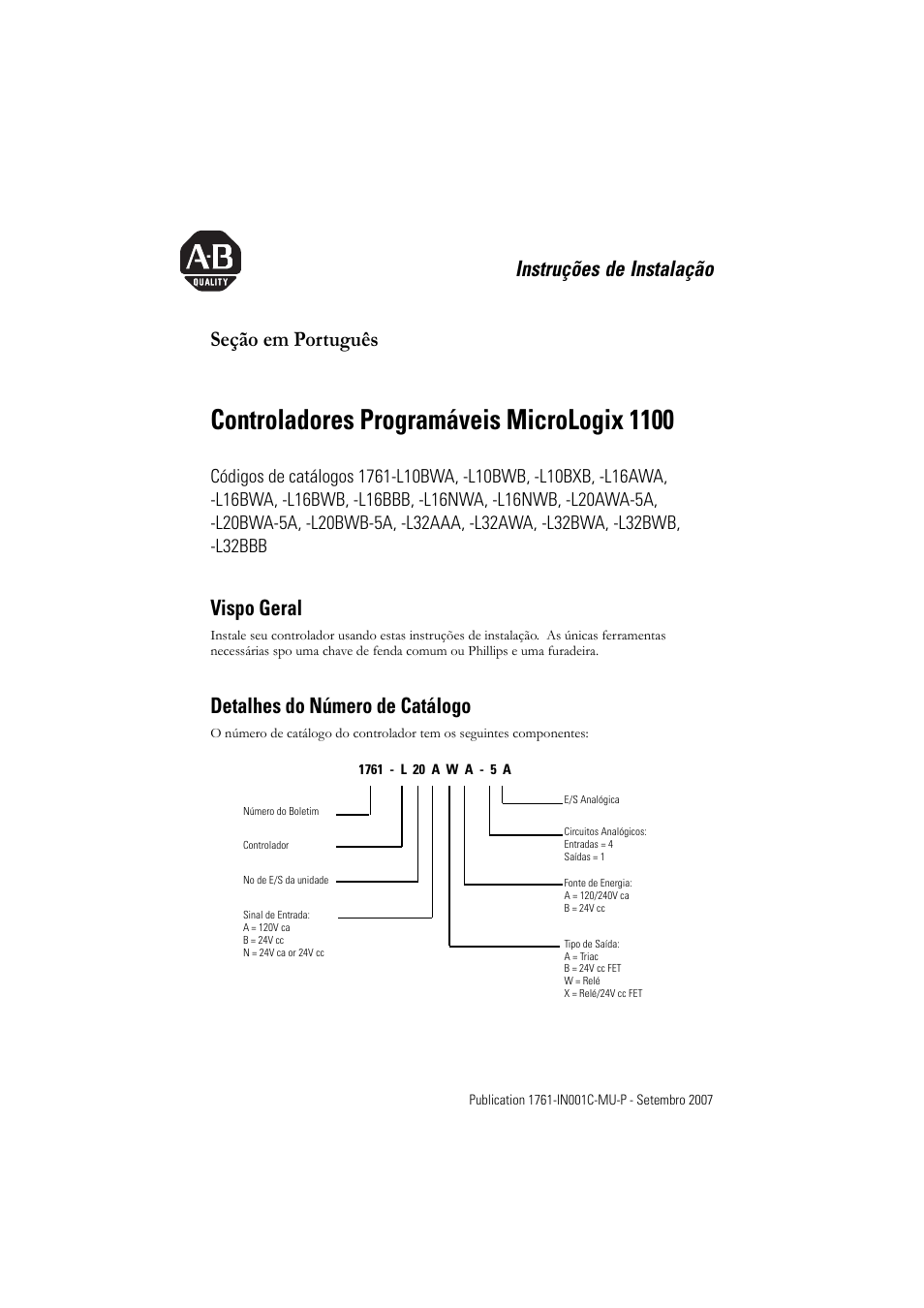 Seção em português, Controladores programáveis micrologix 1100, Instruções de instalação seção em português | Vispo geral, Detalhes do número de catálogo | Rockwell Automation 1761-L10_16_20_32xxx MicroLogix 1000 Programmable Controllers User Manual | Page 91 / 134