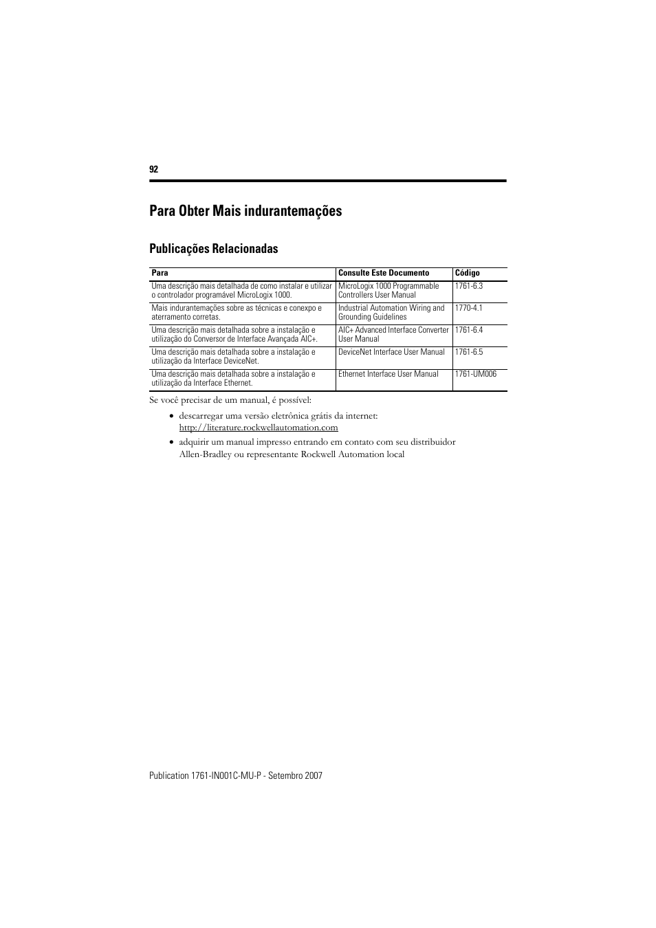 Publicações relacionadas, Para obter mais indurantemações | Rockwell Automation 1761-L10_16_20_32xxx MicroLogix 1000 Programmable Controllers User Manual | Page 92 / 134