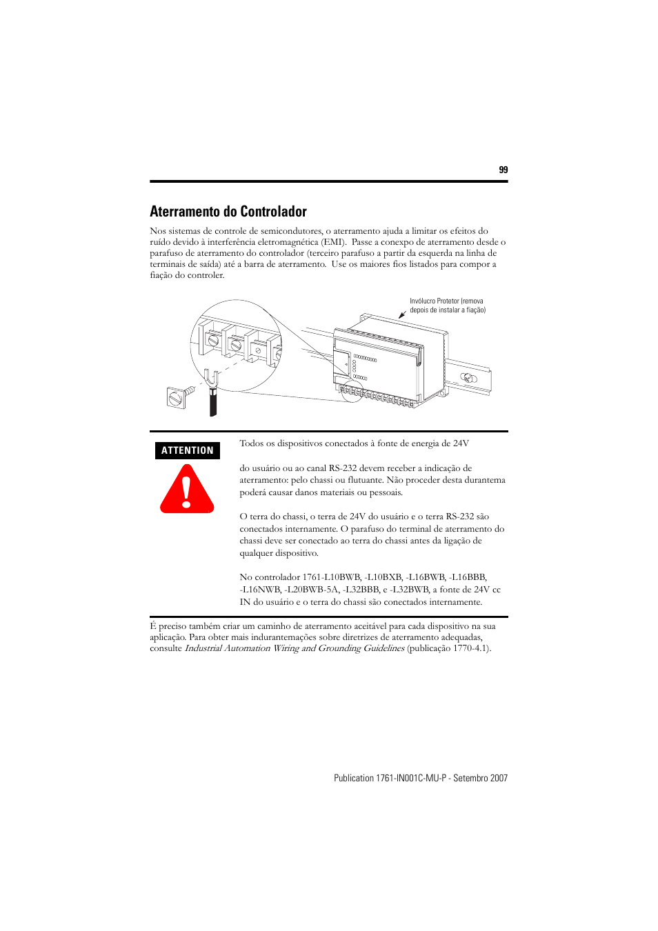 Aterramento do controlador | Rockwell Automation 1761-L10_16_20_32xxx MicroLogix 1000 Programmable Controllers User Manual | Page 99 / 134