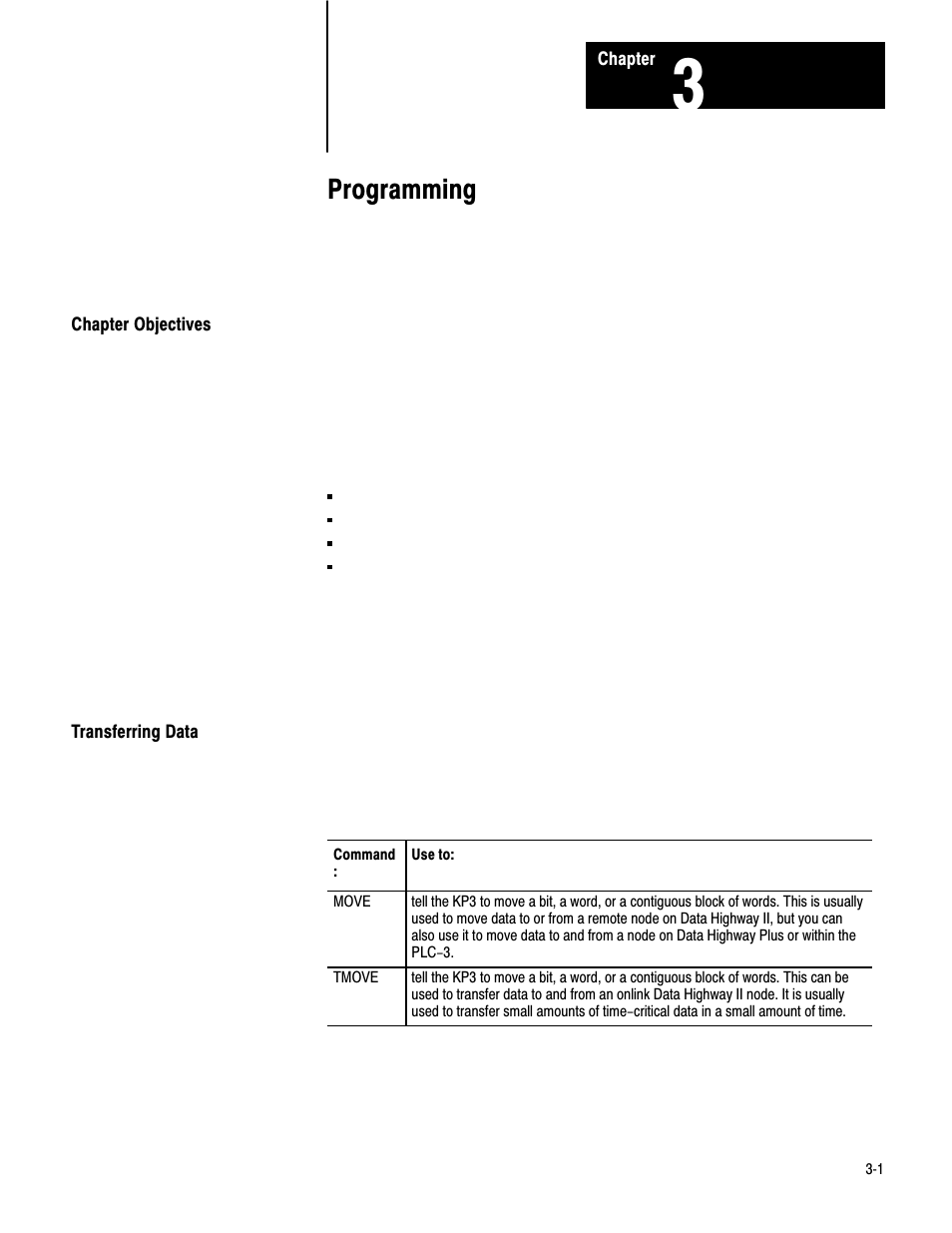 3 - programming, Chapter objectives, Transferring data | Programming | Rockwell Automation 1779-KP3R DATA HIGHWAY II User Manual | Page 36 / 70