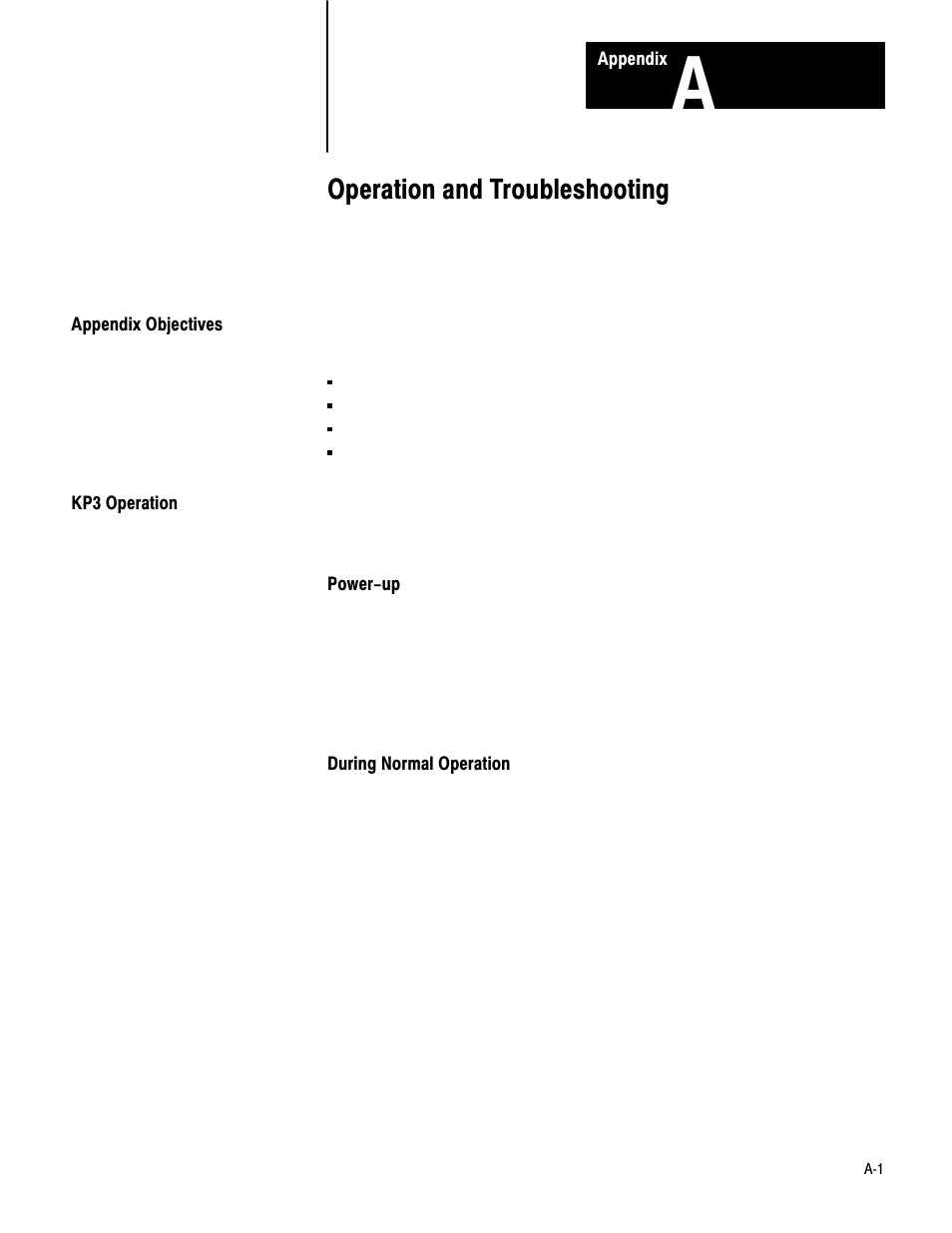 A - operation and troubleshooting, Appendix objectives, Kp3 operation | Operation and troubleshooting | Rockwell Automation 1779-KP3R DATA HIGHWAY II User Manual | Page 54 / 70