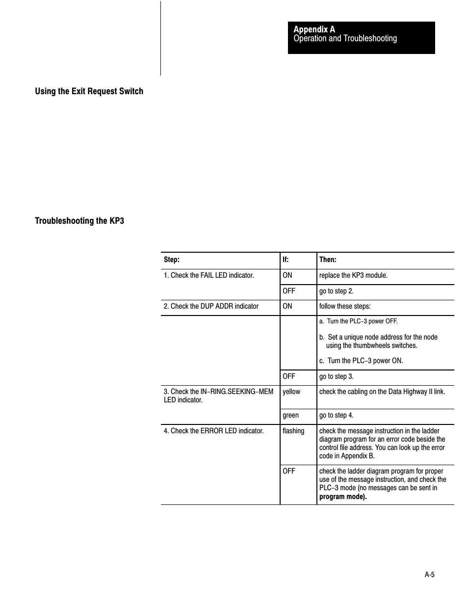 Using the exit request switch, Troubleshooting the kp3 | Rockwell Automation 1779-KP3R DATA HIGHWAY II User Manual | Page 58 / 70