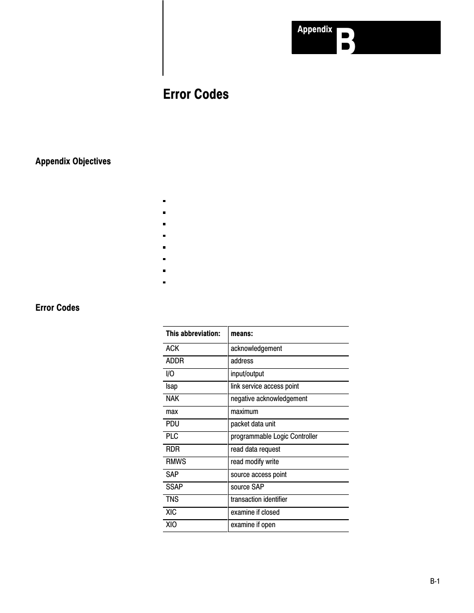 B - error codes, Appendix objectives, Error codes | Rockwell Automation 1779-KP3R DATA HIGHWAY II User Manual | Page 59 / 70