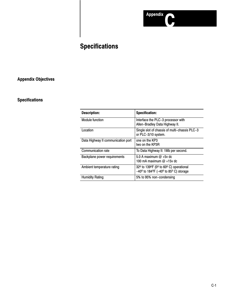 C - specifications, Appendix objectives, Specifications | Rockwell Automation 1779-KP3R DATA HIGHWAY II User Manual | Page 66 / 70