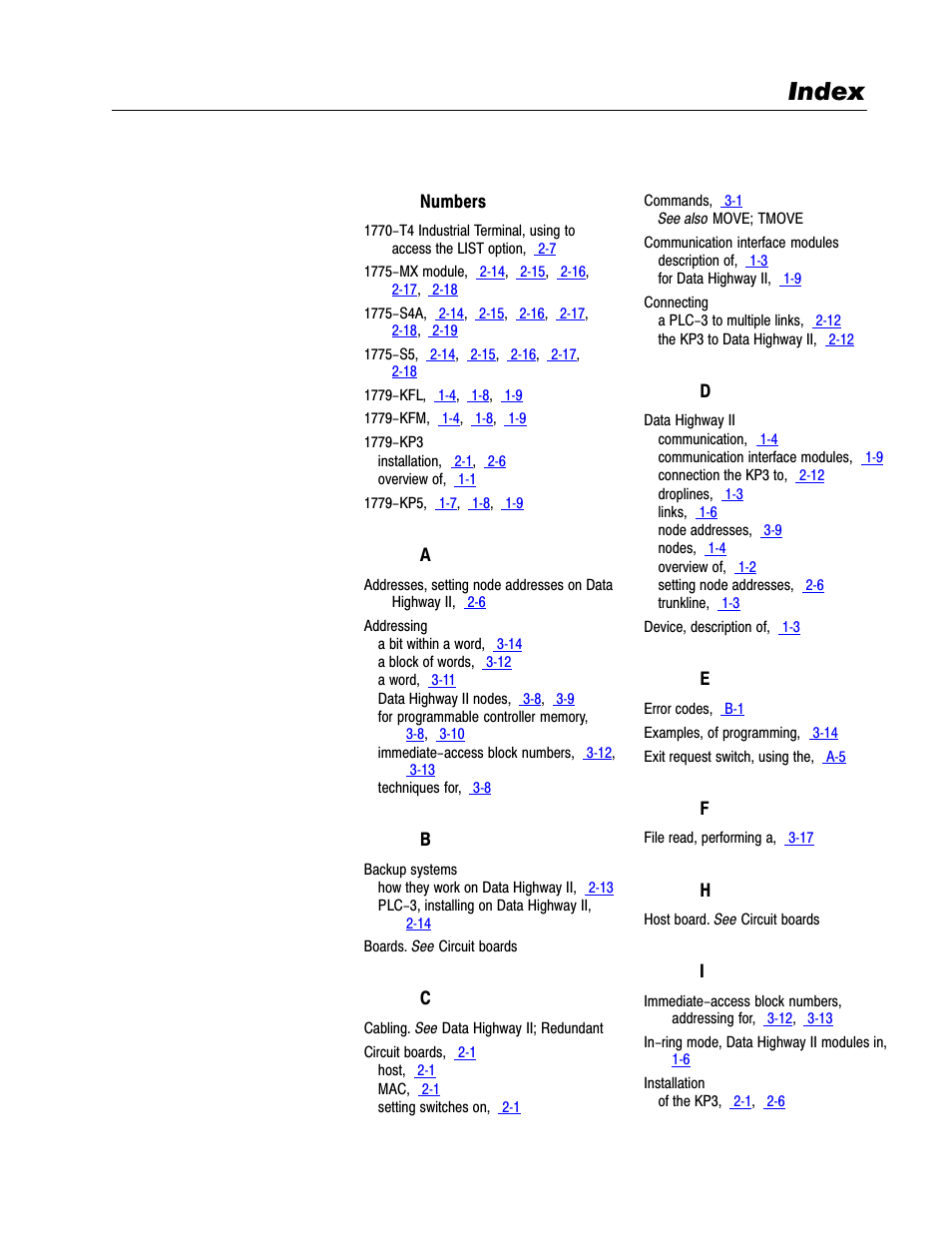 Index | Rockwell Automation 1779-KP3R DATA HIGHWAY II User Manual | Page 67 / 70
