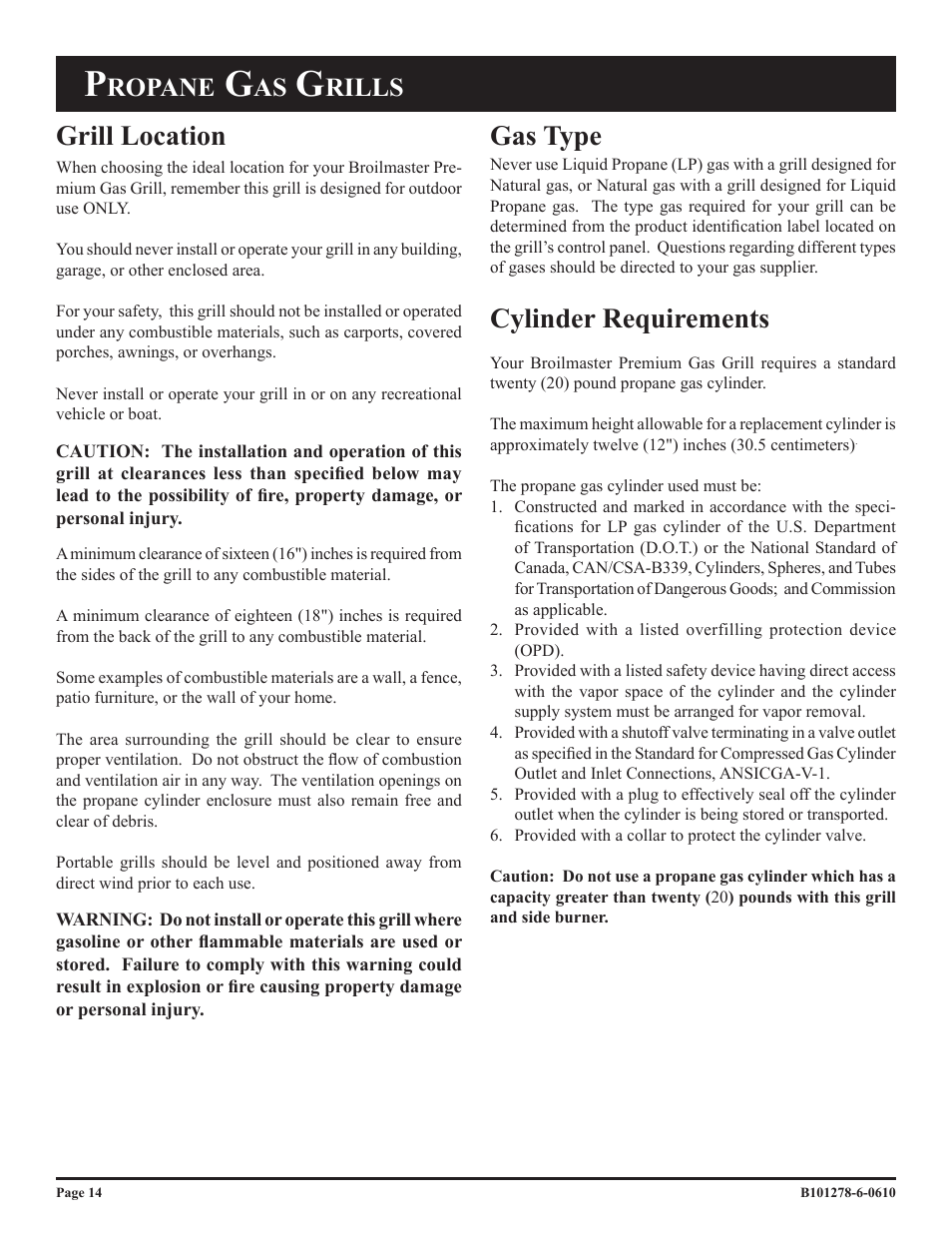 Cylinder requirements, Gas type grill location, Ropane | Rills | Broilmaster R3BN-1 User Manual | Page 14 / 32