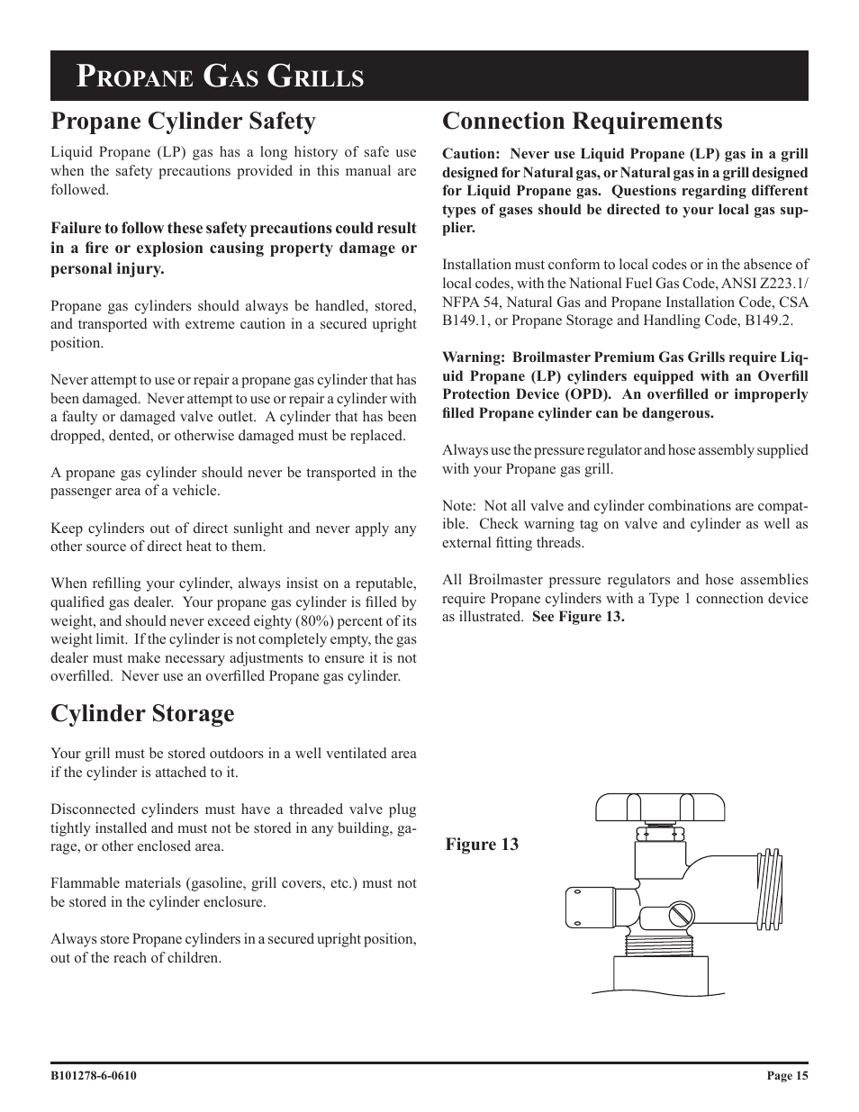 Propane cylinder safety, Cylinder storage, Connection requirements | Ropane, Rills | Broilmaster R3BN-1 User Manual | Page 15 / 32