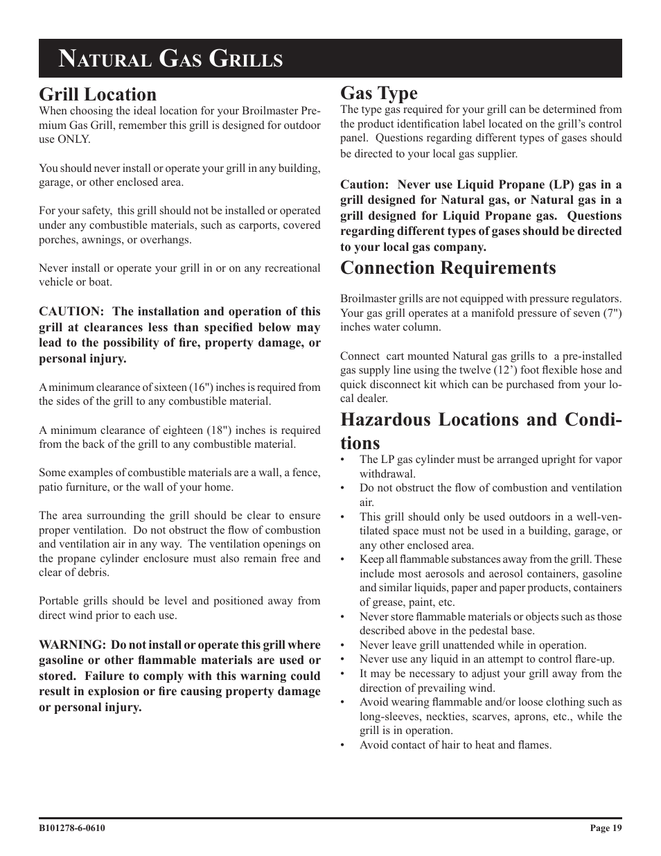 Gas type, Connection requirements, Hazardous locations and condi- tions | Grill location, Atural, Rills | Broilmaster R3BN-1 User Manual | Page 19 / 32
