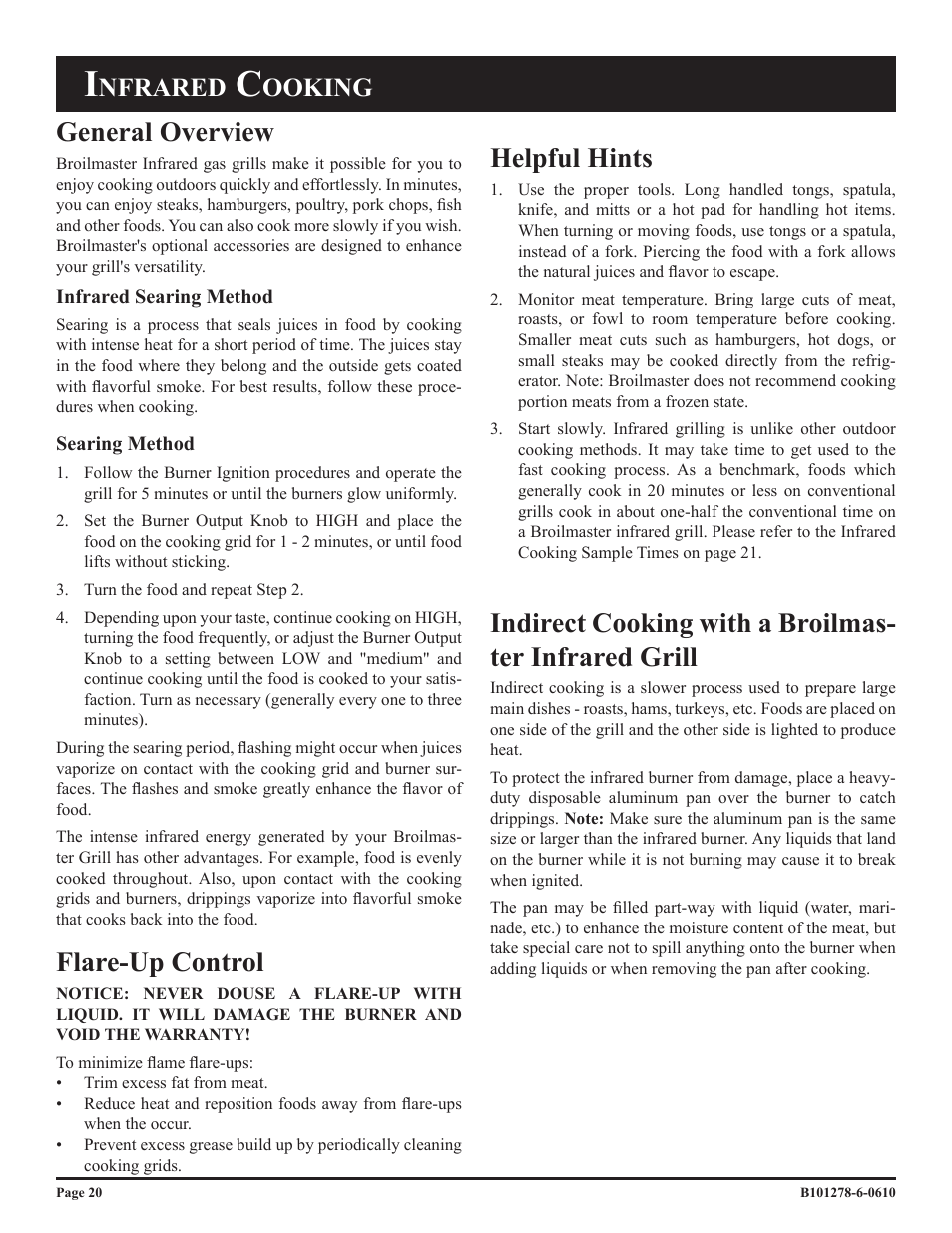 General overview, Flare-up control, Helpful hints | Nfrared, Ooking | Broilmaster R3BN-1 User Manual | Page 20 / 32