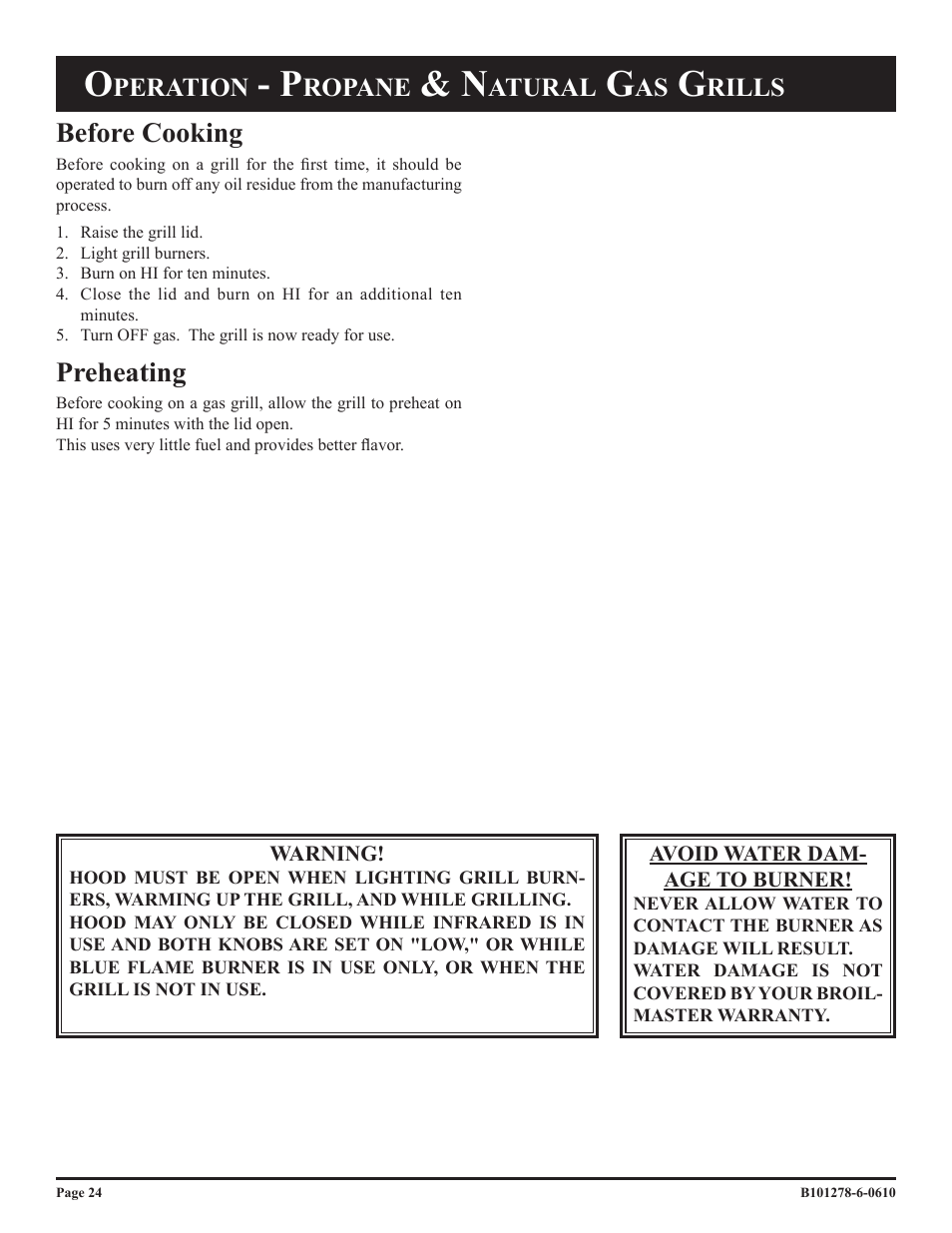 Before cooking, Preheating, Peration | Ropane, Atural, Rills | Broilmaster R3BN-1 User Manual | Page 24 / 32