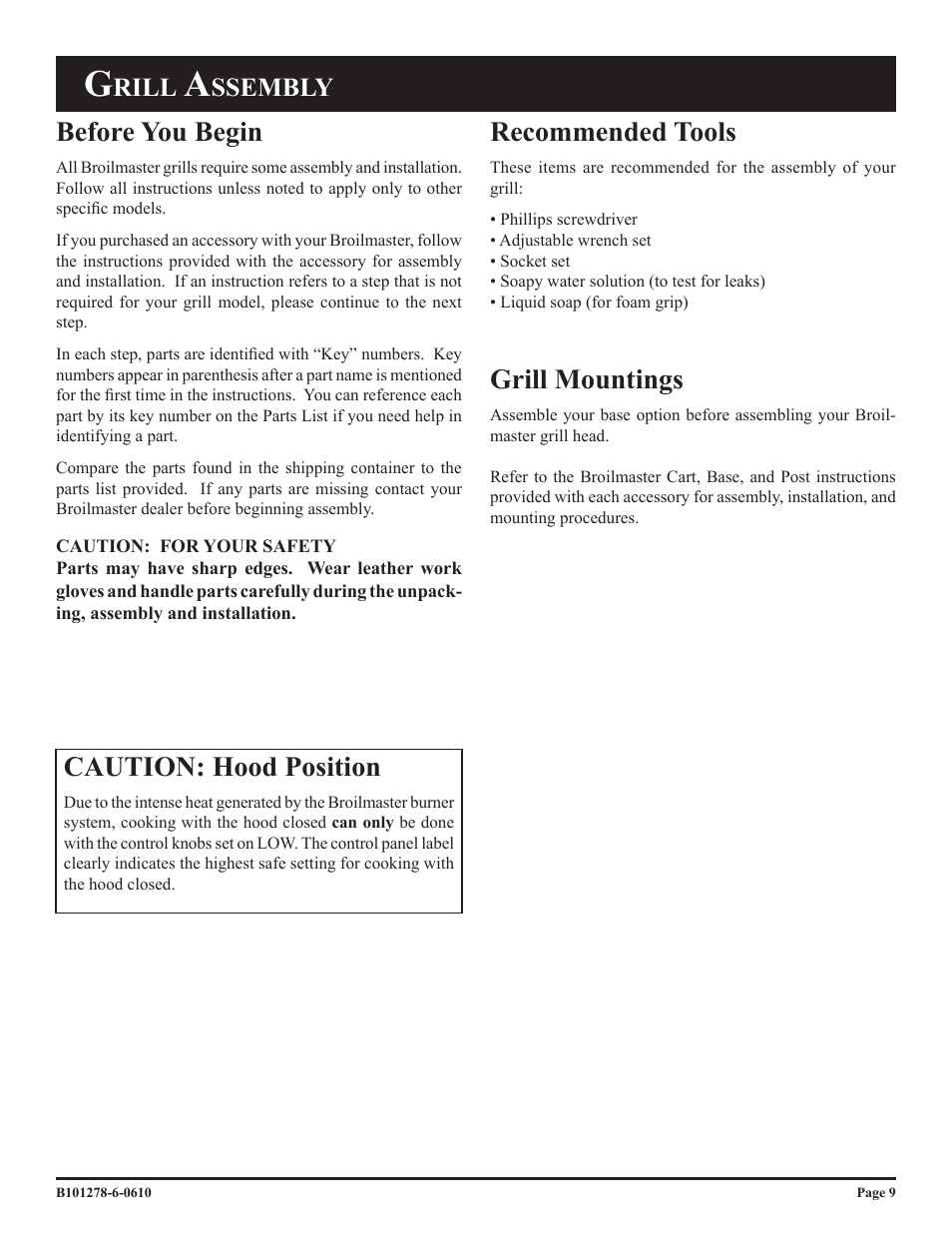 Recommended tools, Grill mountings, Before you begin | Caution: hood position, Rill, Ssembly | Broilmaster R3BN-1 User Manual | Page 9 / 32