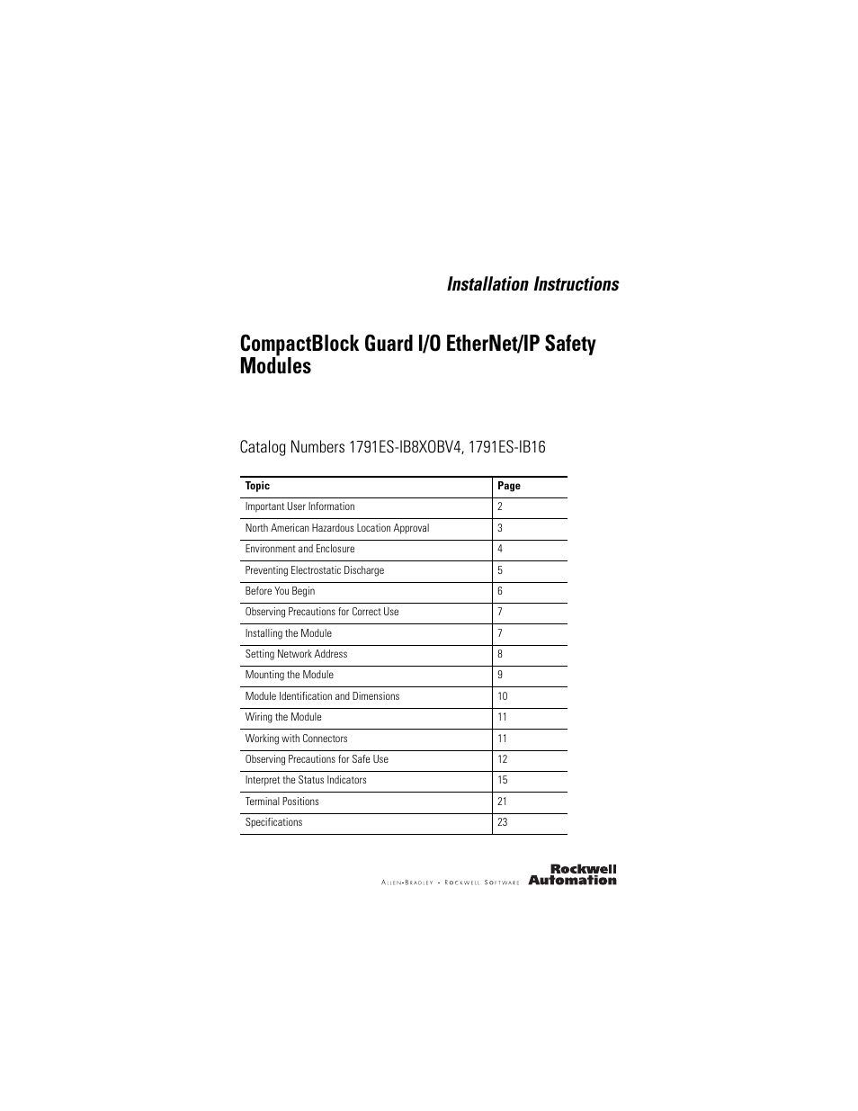 Rockwell Automation 1791ES-IB16 CompactBlock Guard I/O EtherNet/IP Safety Modules  User Manual | 28 pages