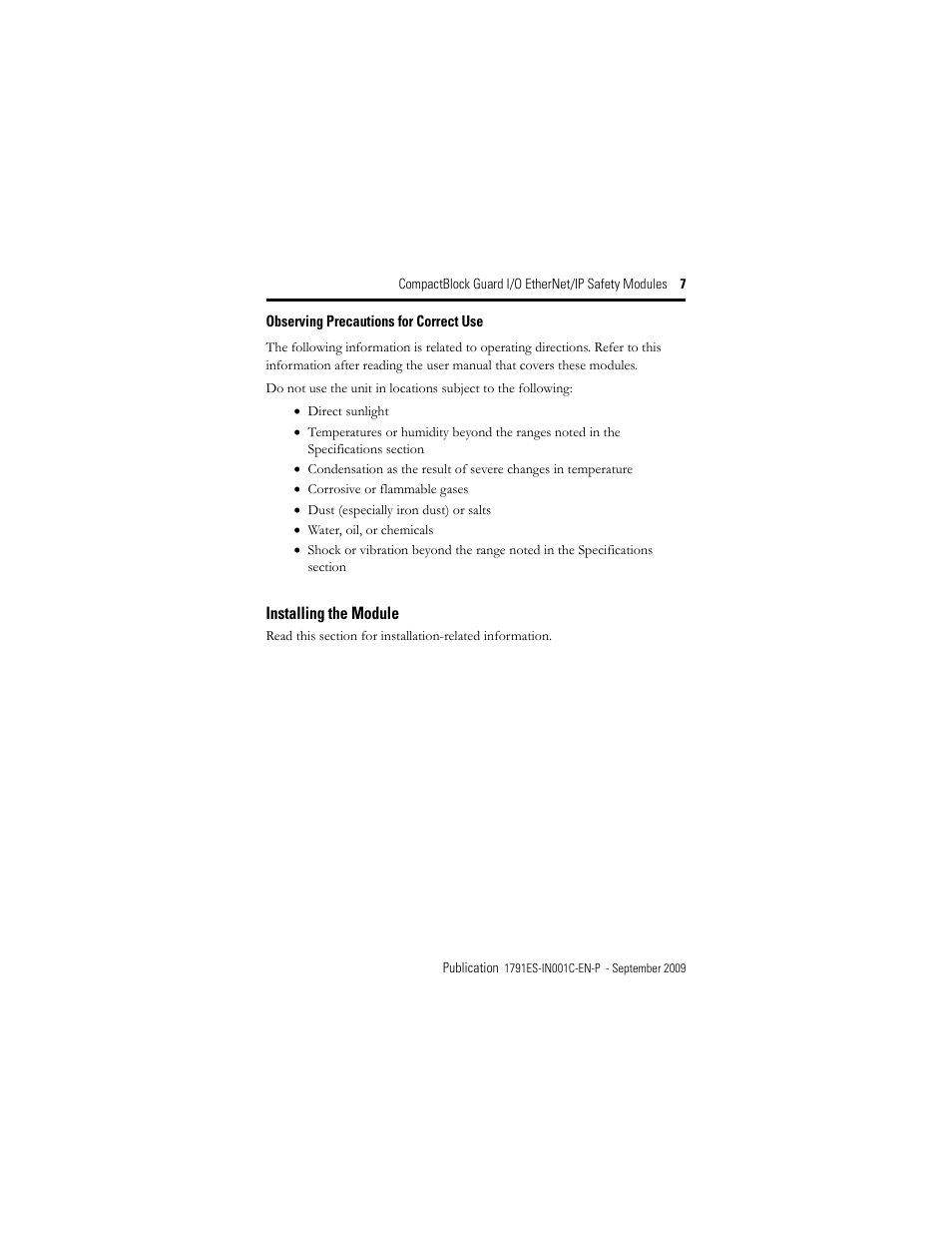 Observing precautions for correct use, Installing the module | Rockwell Automation 1791ES-IB16 CompactBlock Guard I/O EtherNet/IP Safety Modules  User Manual | Page 7 / 28