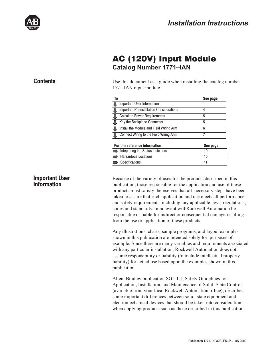 Rockwell Automation 1771-IAN 120V Input Module Installation Instructions User Manual | 12 pages