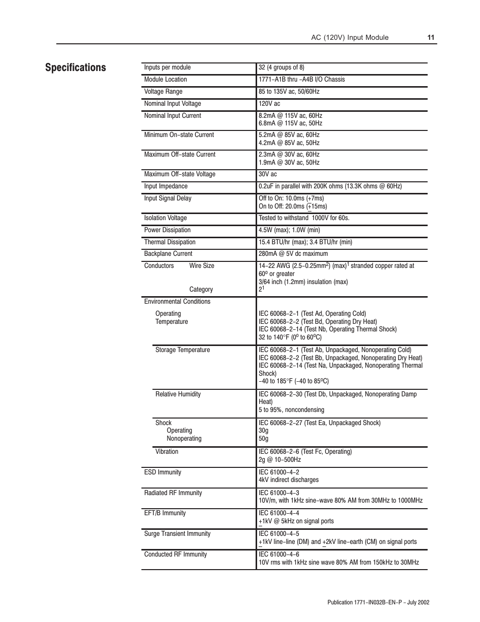 Specifications | Rockwell Automation 1771-IAN 120V Input Module Installation Instructions User Manual | Page 11 / 12