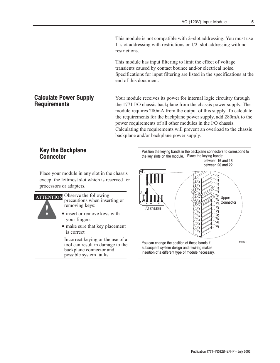 Key the backplane connector, Calculate power supply requirements | Rockwell Automation 1771-IAN 120V Input Module Installation Instructions User Manual | Page 5 / 12