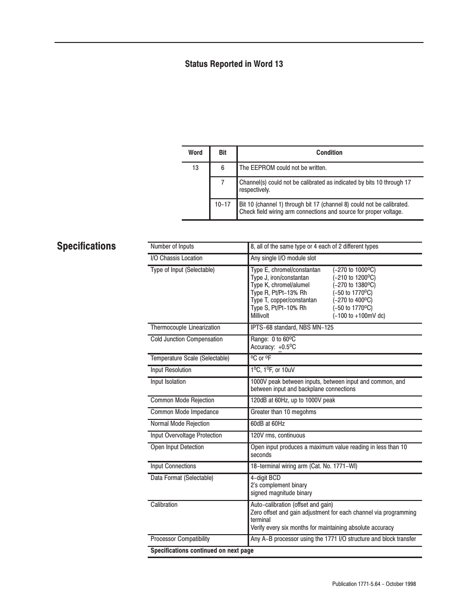 Specifications, Status reported in word 13 | Rockwell Automation 1771-IXE Installation Instructions User Manual | Page 11 / 16