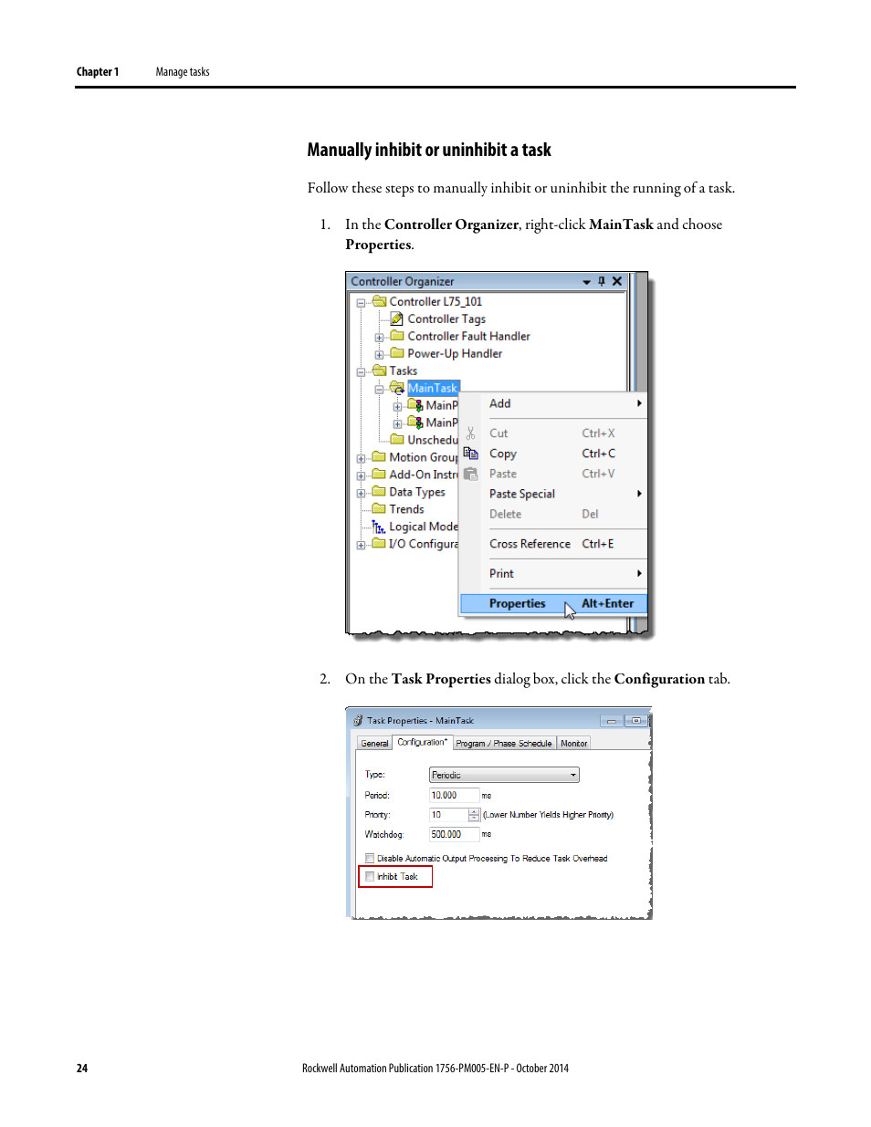 Manually inhibit or uninhibit a task | Rockwell Automation Logix5000 Controllers Tasks, Programs, and Routines Programming Manual User Manual | Page 24 / 73