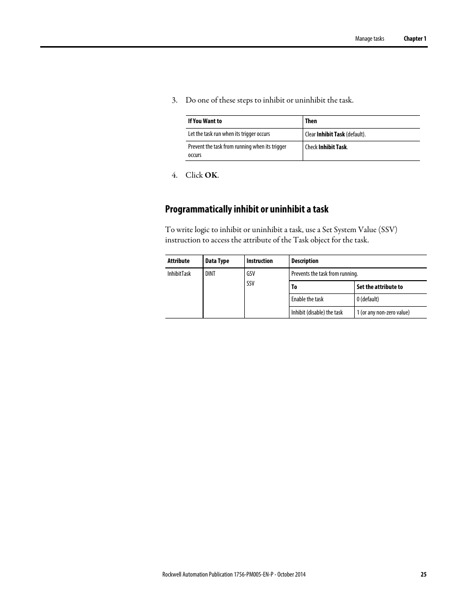 Programmatically inhibit or uninhibit a task | Rockwell Automation Logix5000 Controllers Tasks, Programs, and Routines Programming Manual User Manual | Page 25 / 73