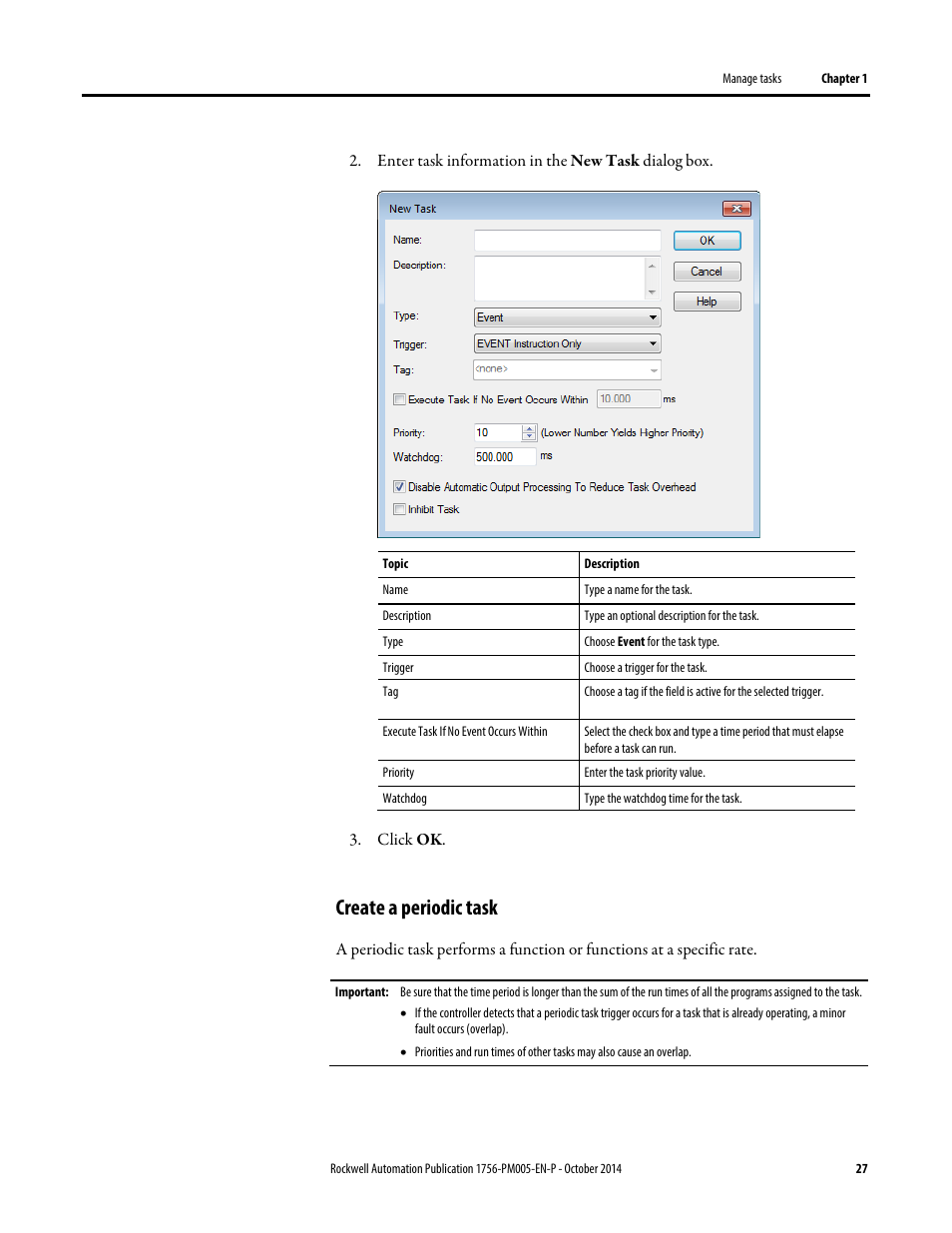 Create a periodic task | Rockwell Automation Logix5000 Controllers Tasks, Programs, and Routines Programming Manual User Manual | Page 27 / 73