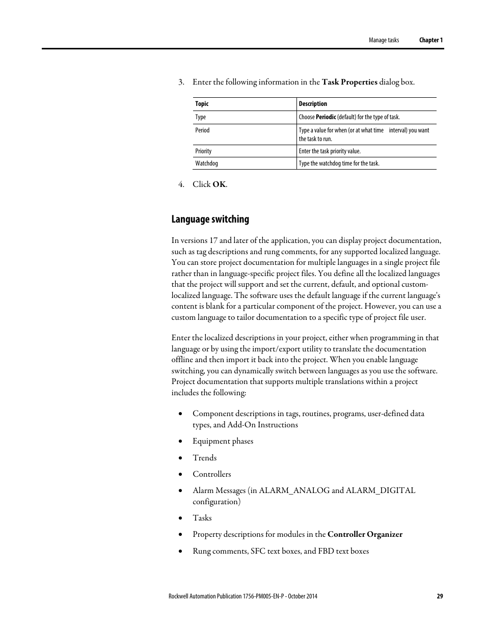 Language switching | Rockwell Automation Logix5000 Controllers Tasks, Programs, and Routines Programming Manual User Manual | Page 29 / 73