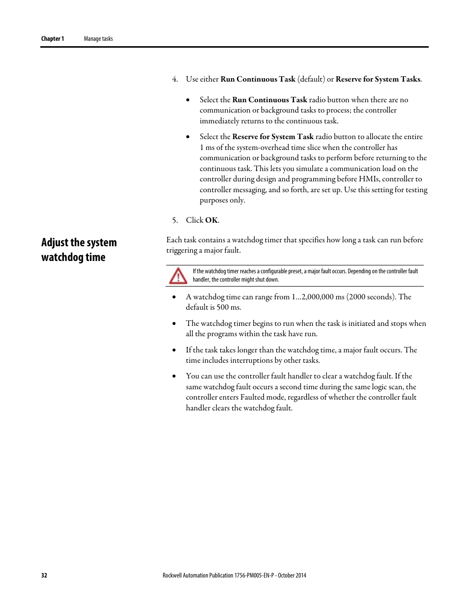 Adjust the system watchdog time, Adjust the watchdog timer for a task | Rockwell Automation Logix5000 Controllers Tasks, Programs, and Routines Programming Manual User Manual | Page 32 / 73