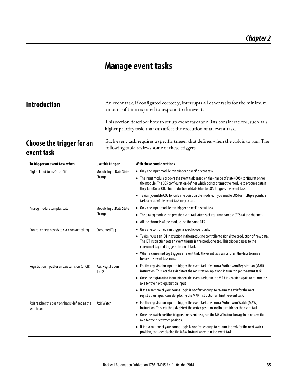 2 - manage event tasks, Introduction, Choose the trigger for an event task | Chapter 2, Manage event tasks, Introduction choose the trigger for an event task | Rockwell Automation Logix5000 Controllers Tasks, Programs, and Routines Programming Manual User Manual | Page 35 / 73