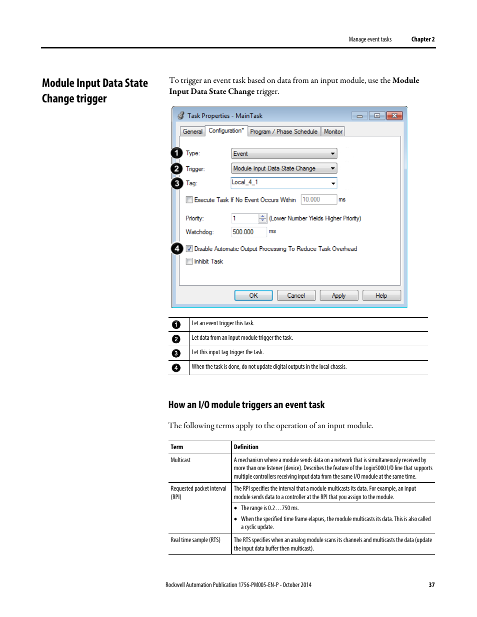 Module input data state change trigger, How an i/o module triggers an event task | Rockwell Automation Logix5000 Controllers Tasks, Programs, and Routines Programming Manual User Manual | Page 37 / 73