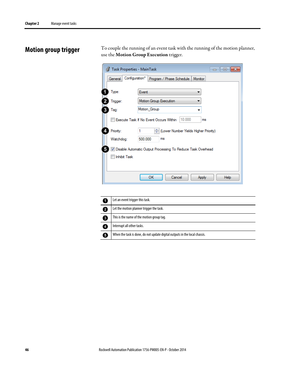 Motion group trigger | Rockwell Automation Logix5000 Controllers Tasks, Programs, and Routines Programming Manual User Manual | Page 46 / 73