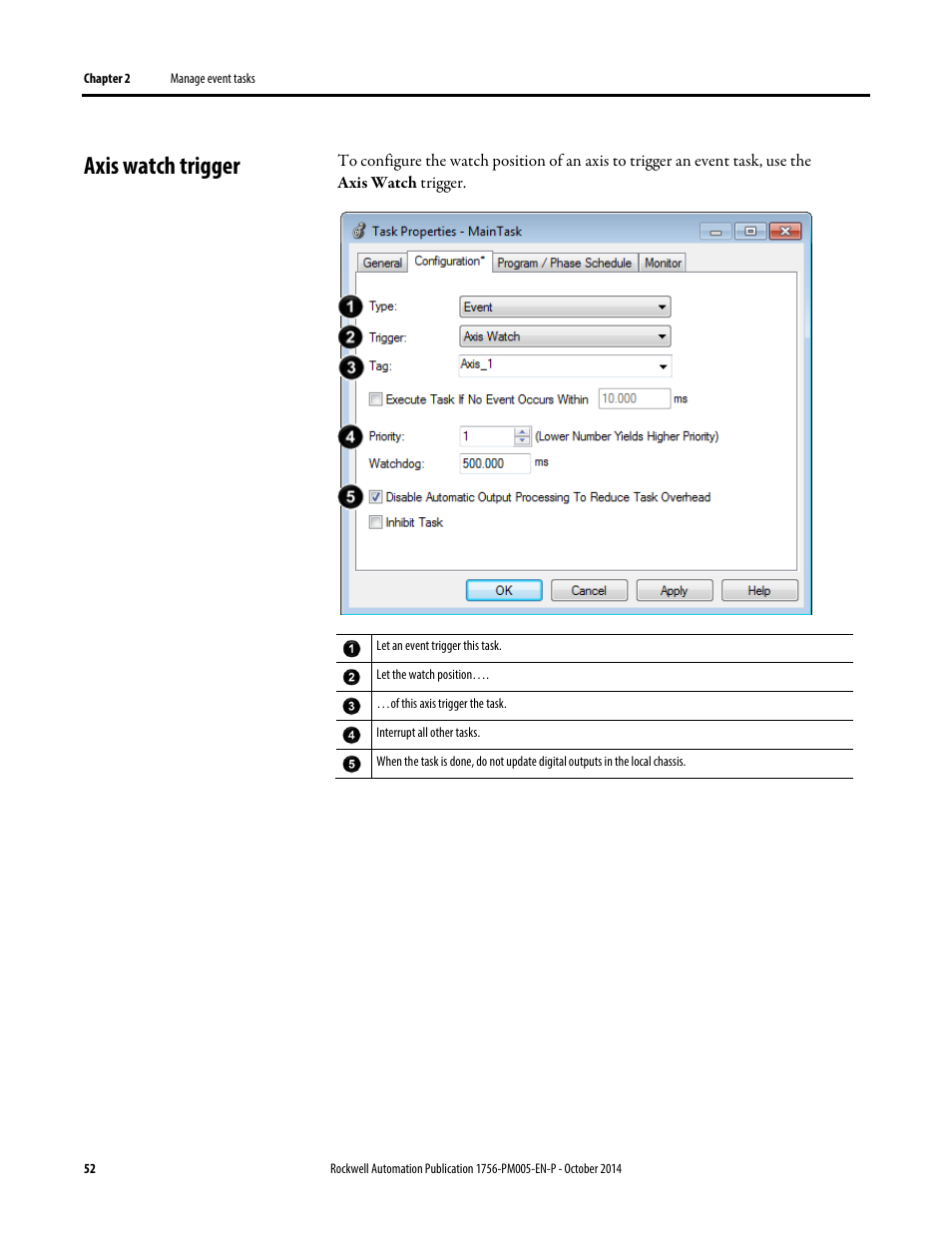 Axis watch trigger | Rockwell Automation Logix5000 Controllers Tasks, Programs, and Routines Programming Manual User Manual | Page 52 / 73