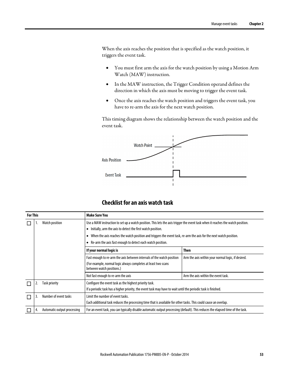 Checklist for an axis watch task | Rockwell Automation Logix5000 Controllers Tasks, Programs, and Routines Programming Manual User Manual | Page 53 / 73