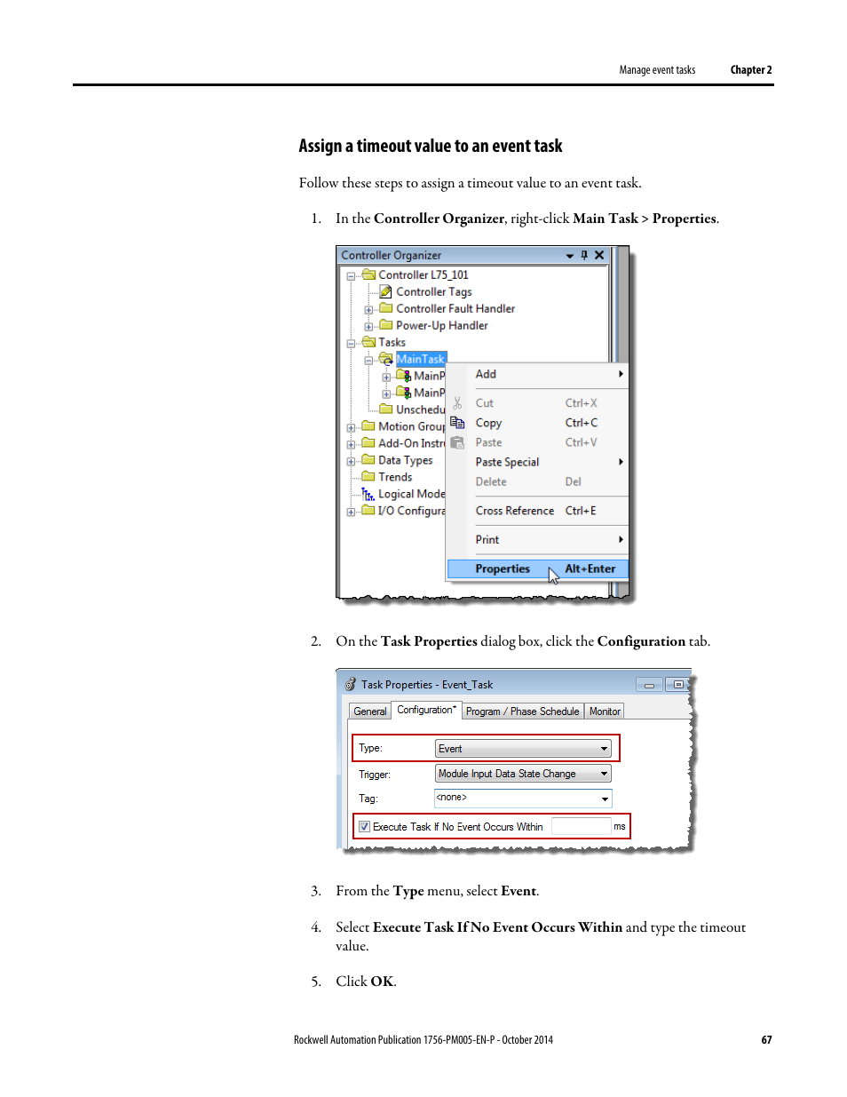 Assign a timeout value to an event task | Rockwell Automation Logix5000 Controllers Tasks, Programs, and Routines Programming Manual User Manual | Page 67 / 73