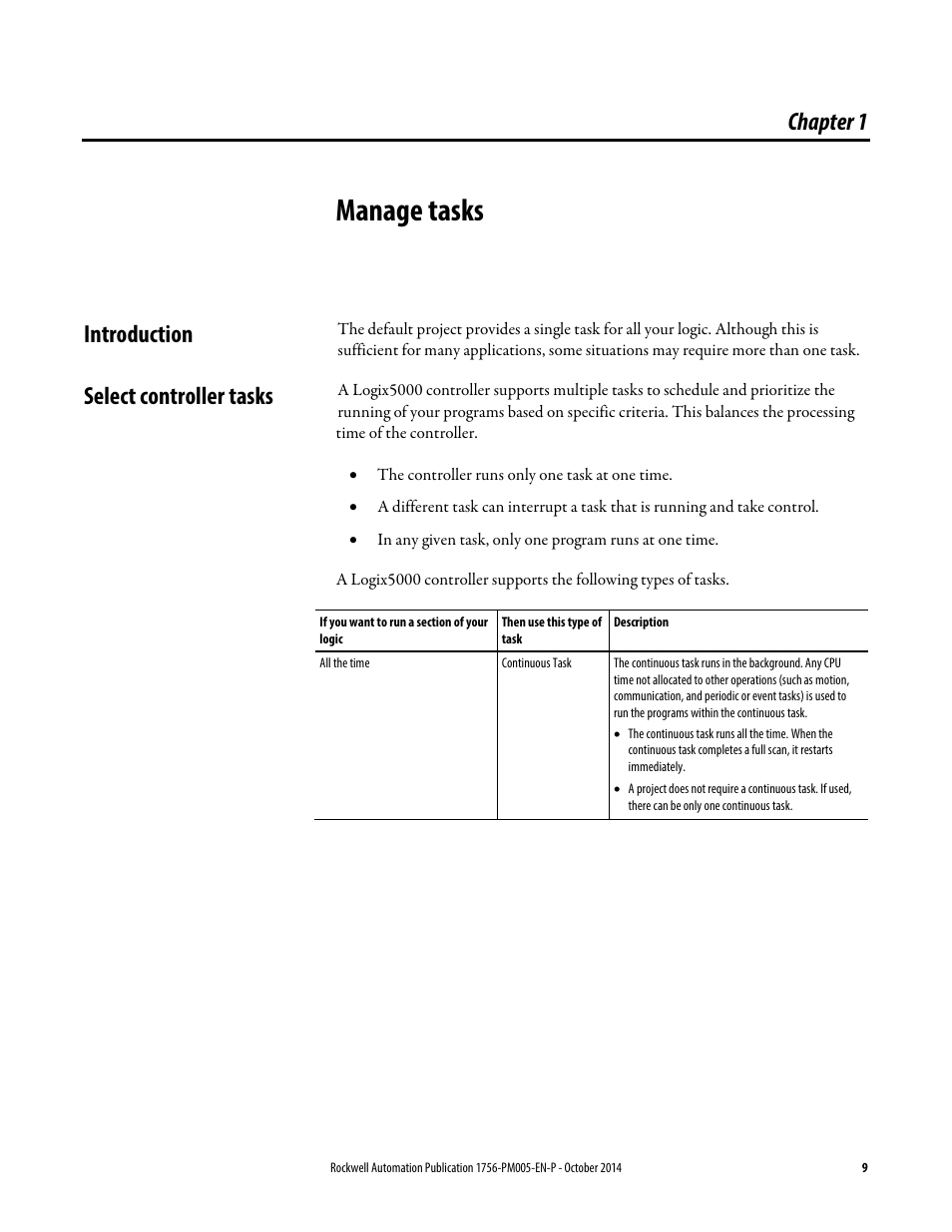 1 - manage tasks, Introduction, Select controller tasks | Chapter 1, Manage tasks, Introduction select controller tasks | Rockwell Automation Logix5000 Controllers Tasks, Programs, and Routines Programming Manual User Manual | Page 9 / 73